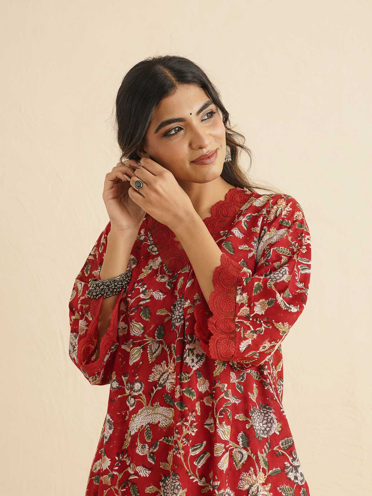 Block Printed Cotton Kurta Pant Bagiya Set Red Jaal