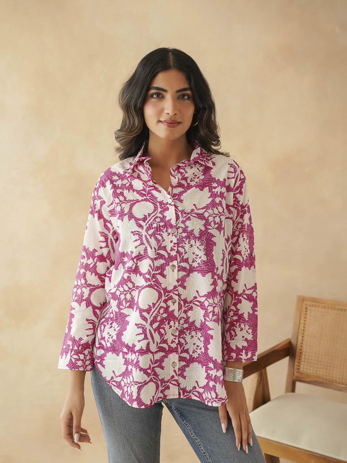 Block Printed Cotton Meher Shirt Pink