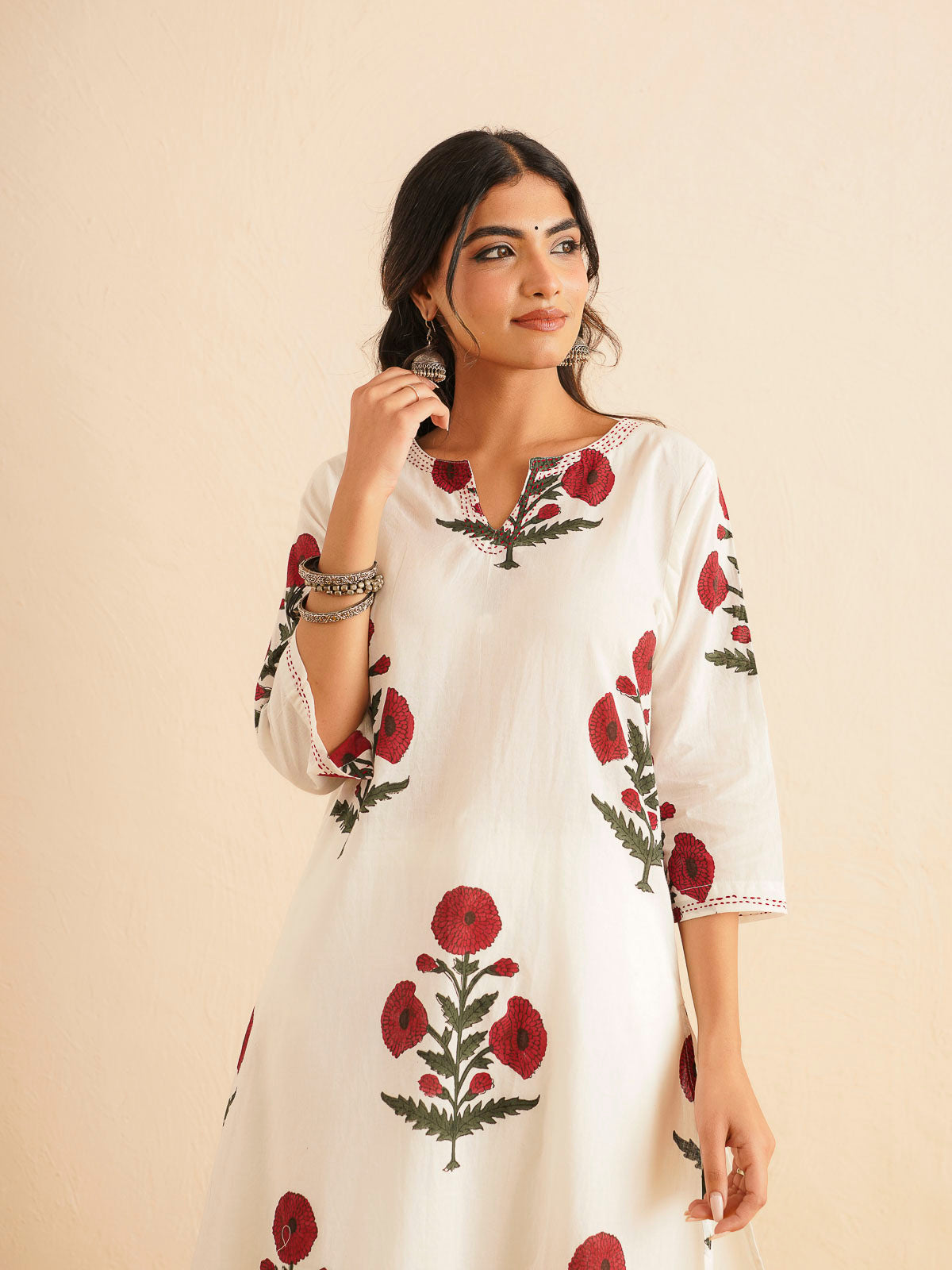 Cotton Printed Kantha Style Set For Women White