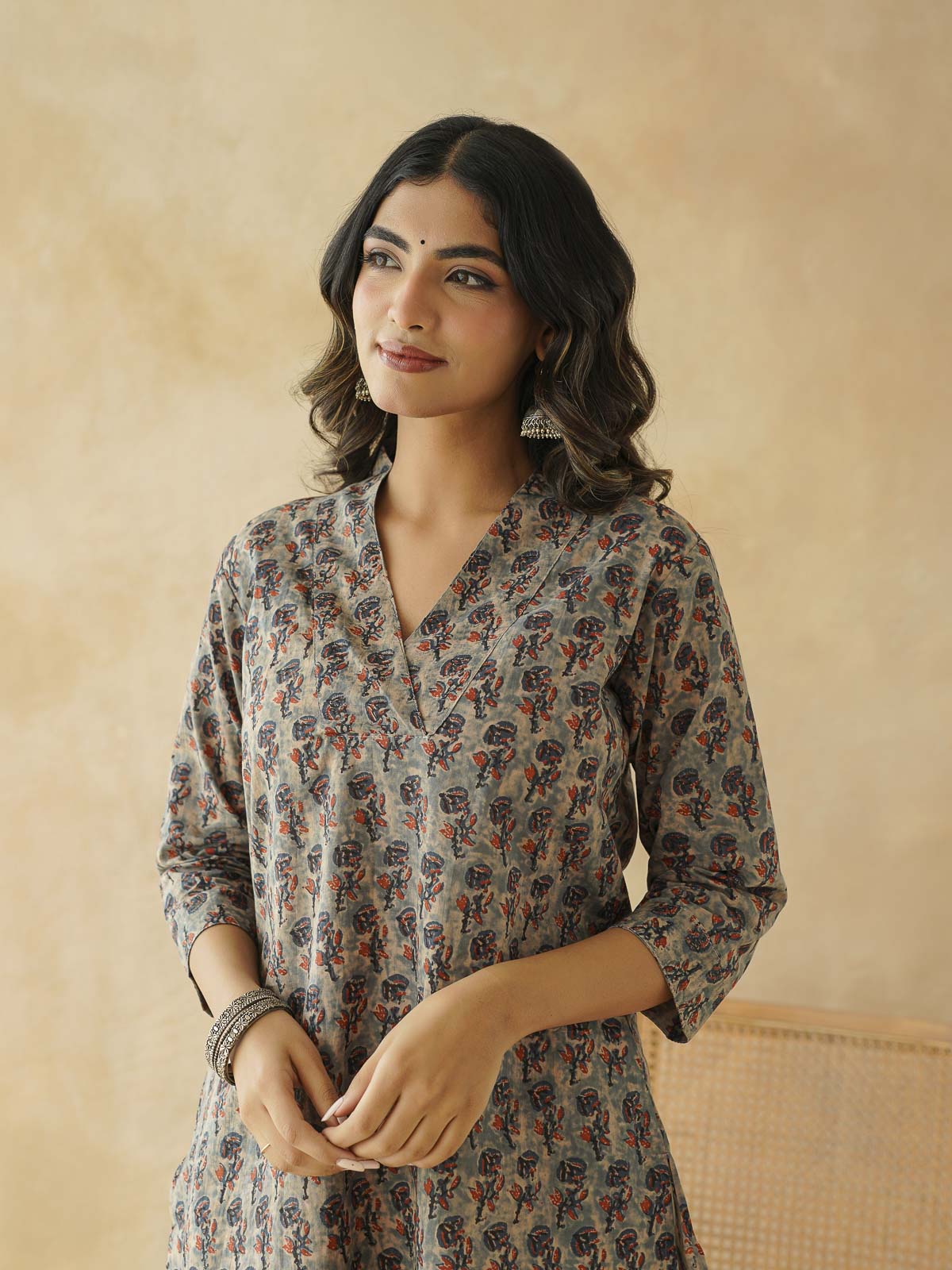 Cotton Printed Straight Kurta Indigo Flawer