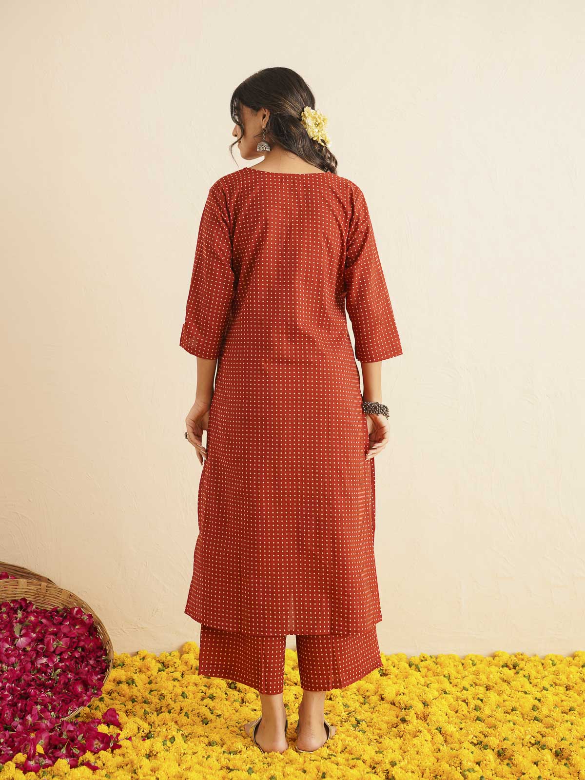 Cotton Printed V-Neck Style Set For Women Red