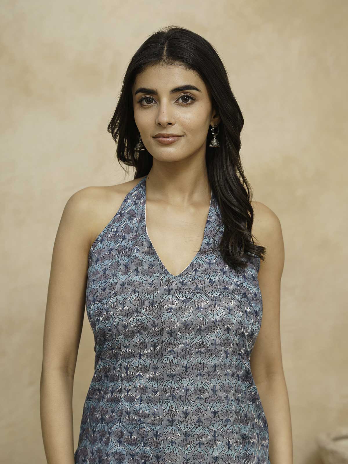 Cotton Printed Stylish Halter Tie-Up Kurti Blue