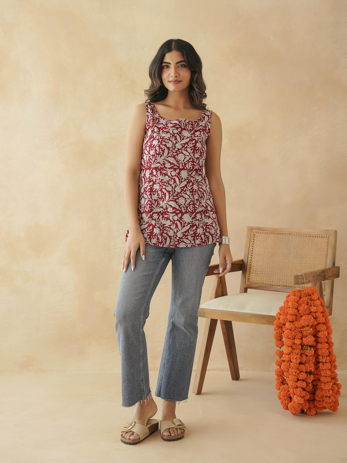 Cotton Printed Stylish Backless Tie-Up Kurti Red