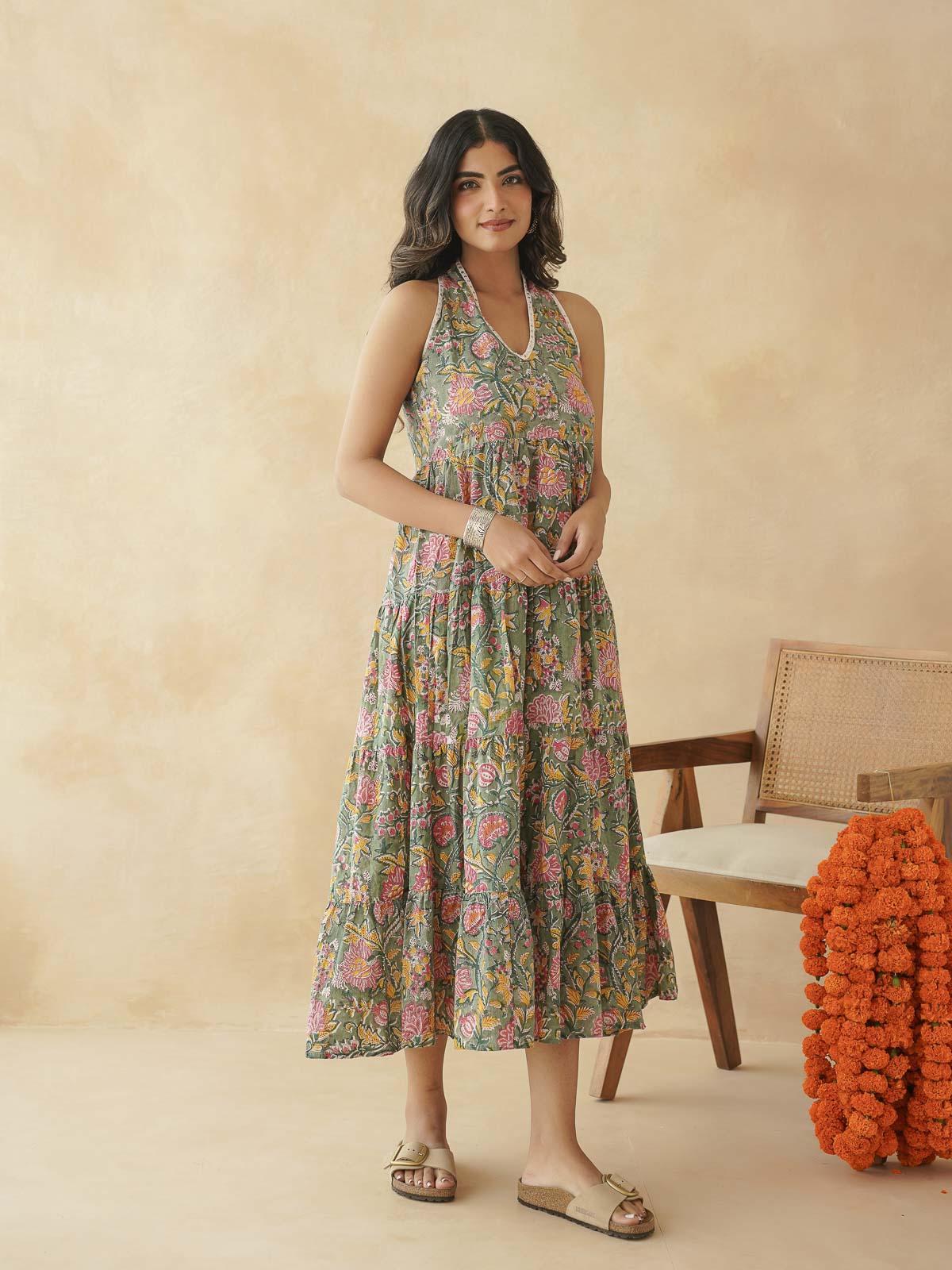 Tiered Halter Neck Dress Green Jaal