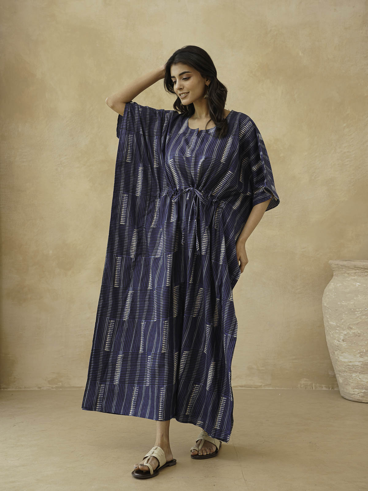 Block-Printed Cotton Long Kaftan Indio Straip