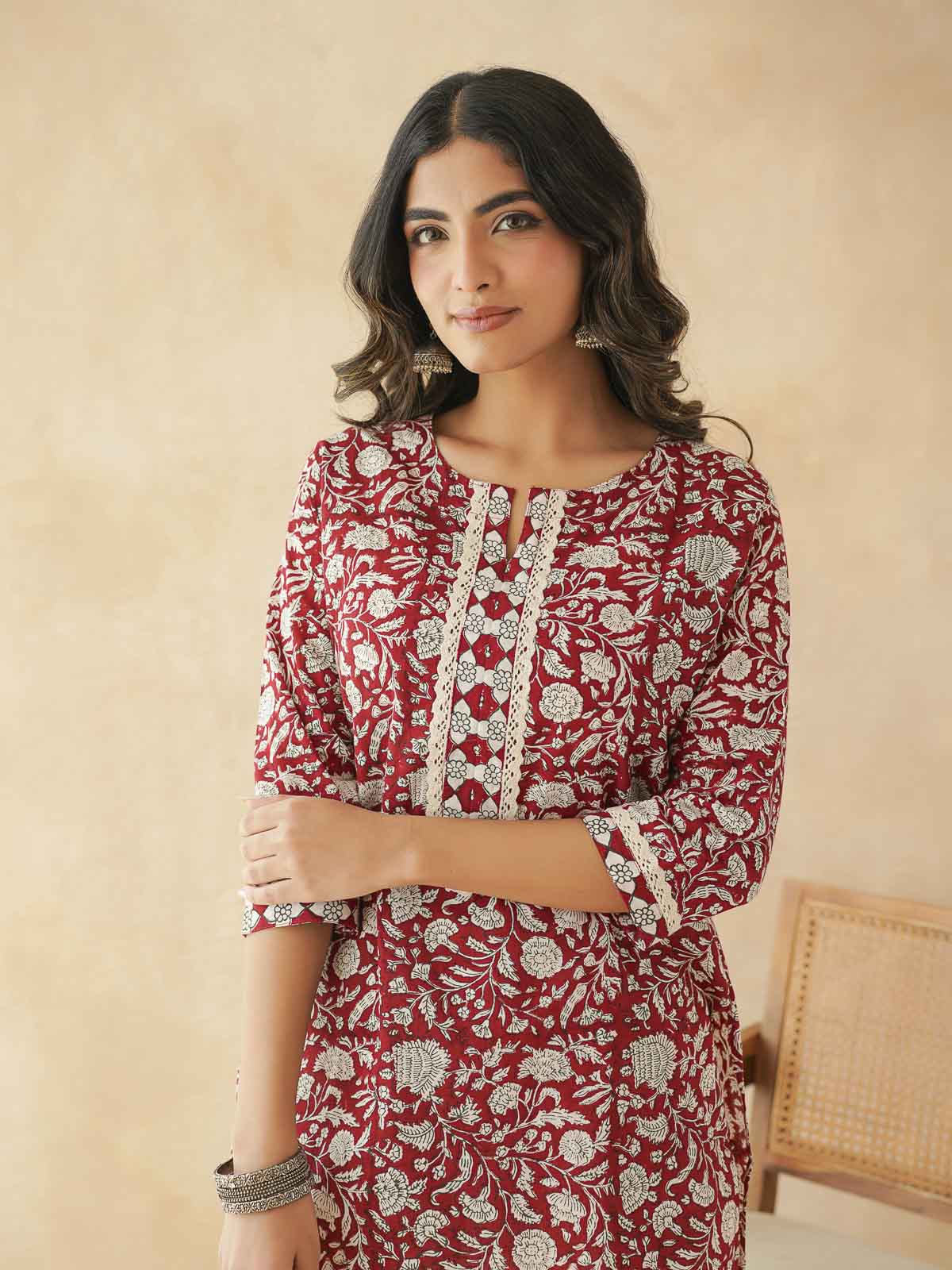 Block-Printed Cotton Zoya Kurti Red Jaal