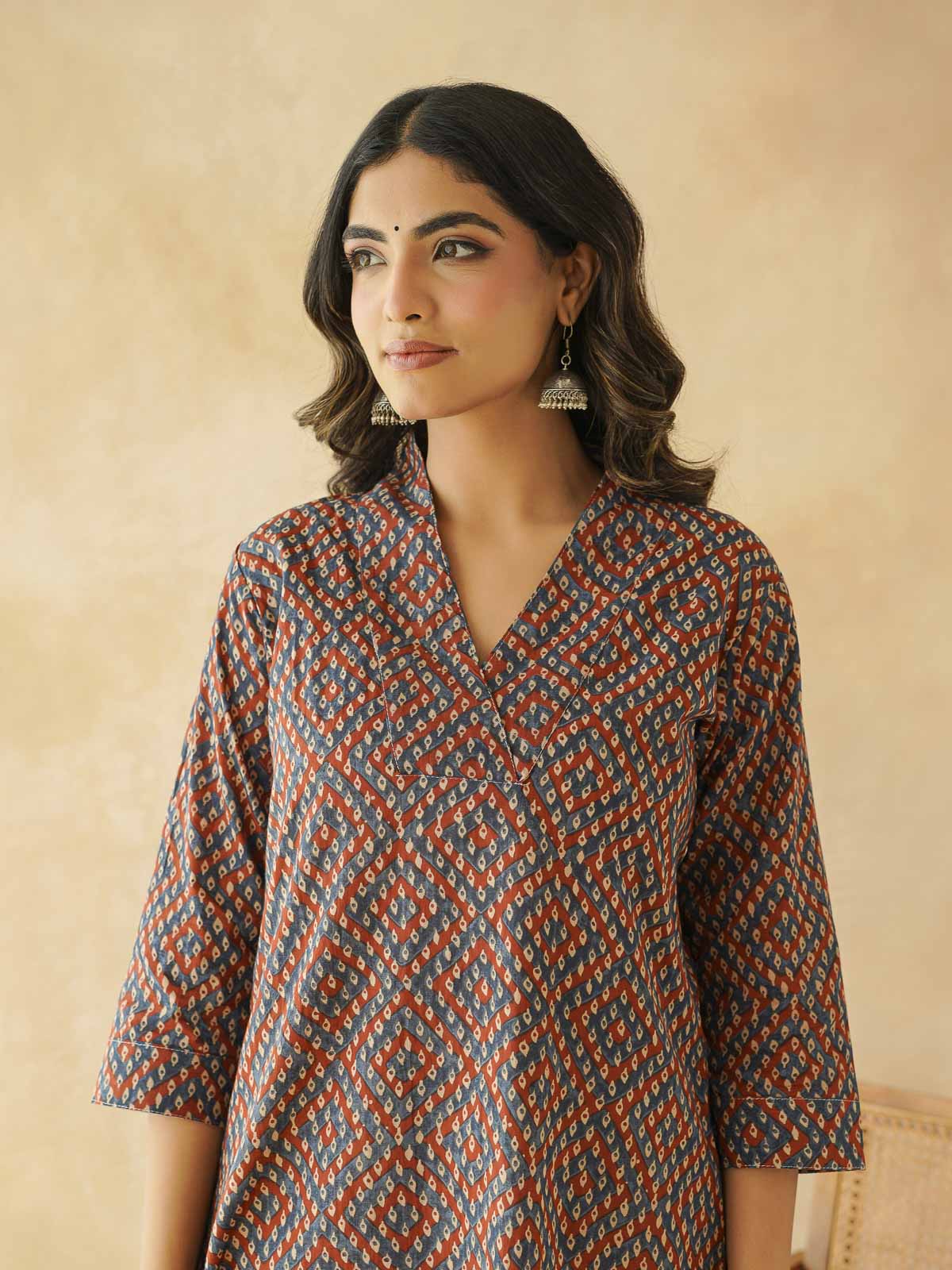 Cotton Printed Straight Kurta Blue Orange