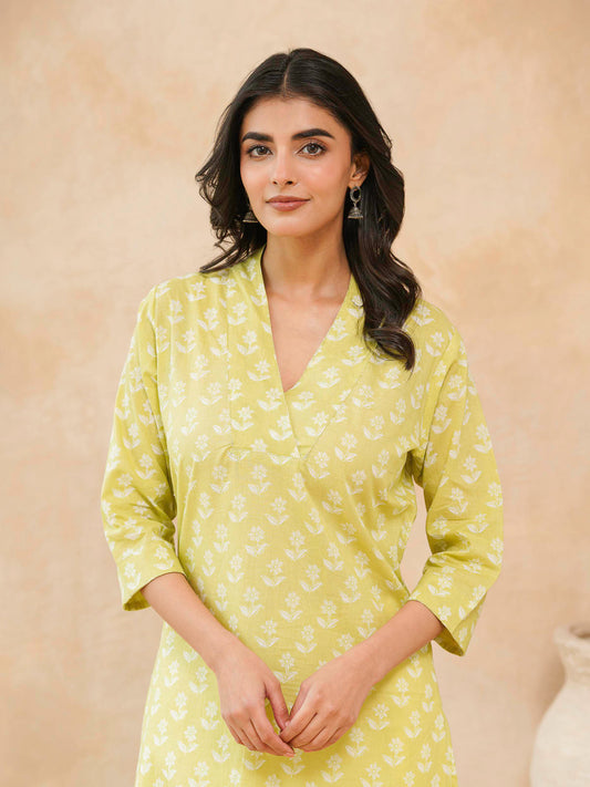 Cotton Printed Straight Kurta Yellow