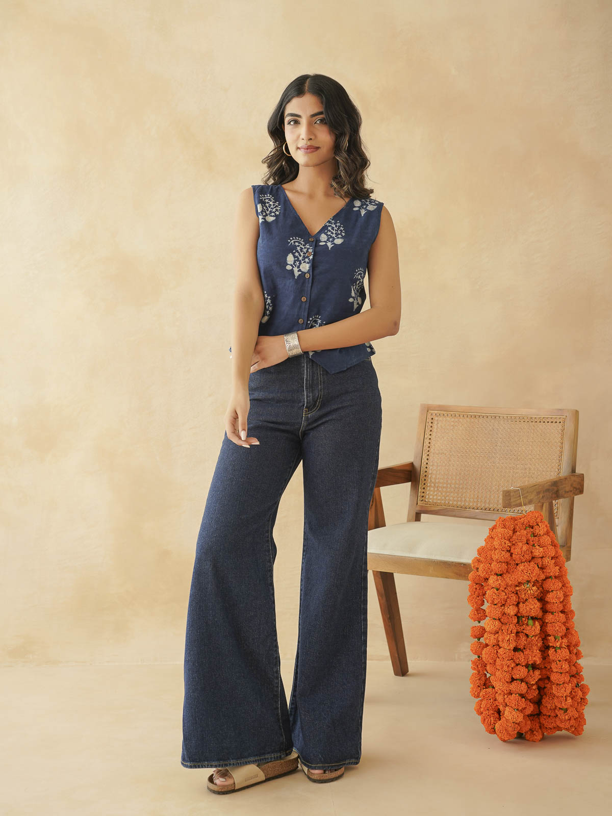 Sleeveless Cotton Block Printed Kothi Top Indigo Boota
