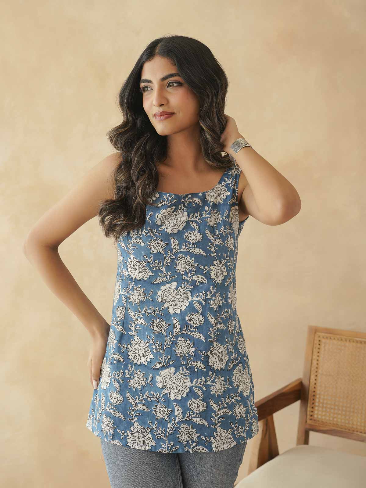 Cotton Printed Stylish Backless Tie-Up Kurti Drak Blue