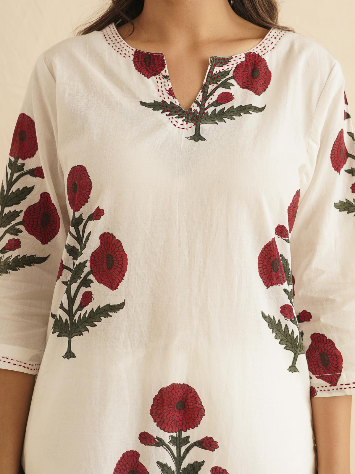 Cotton Printed Kantha Style Set For Women White