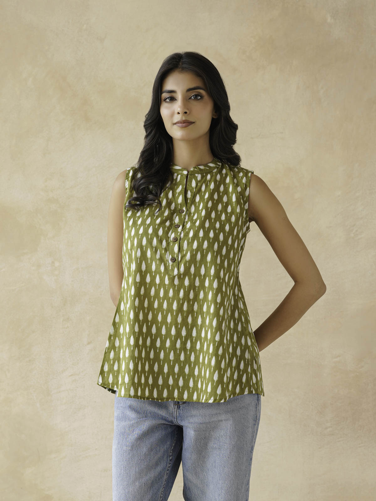 Cotton Printed Sleeveless Tunic Top For Women Green Booty