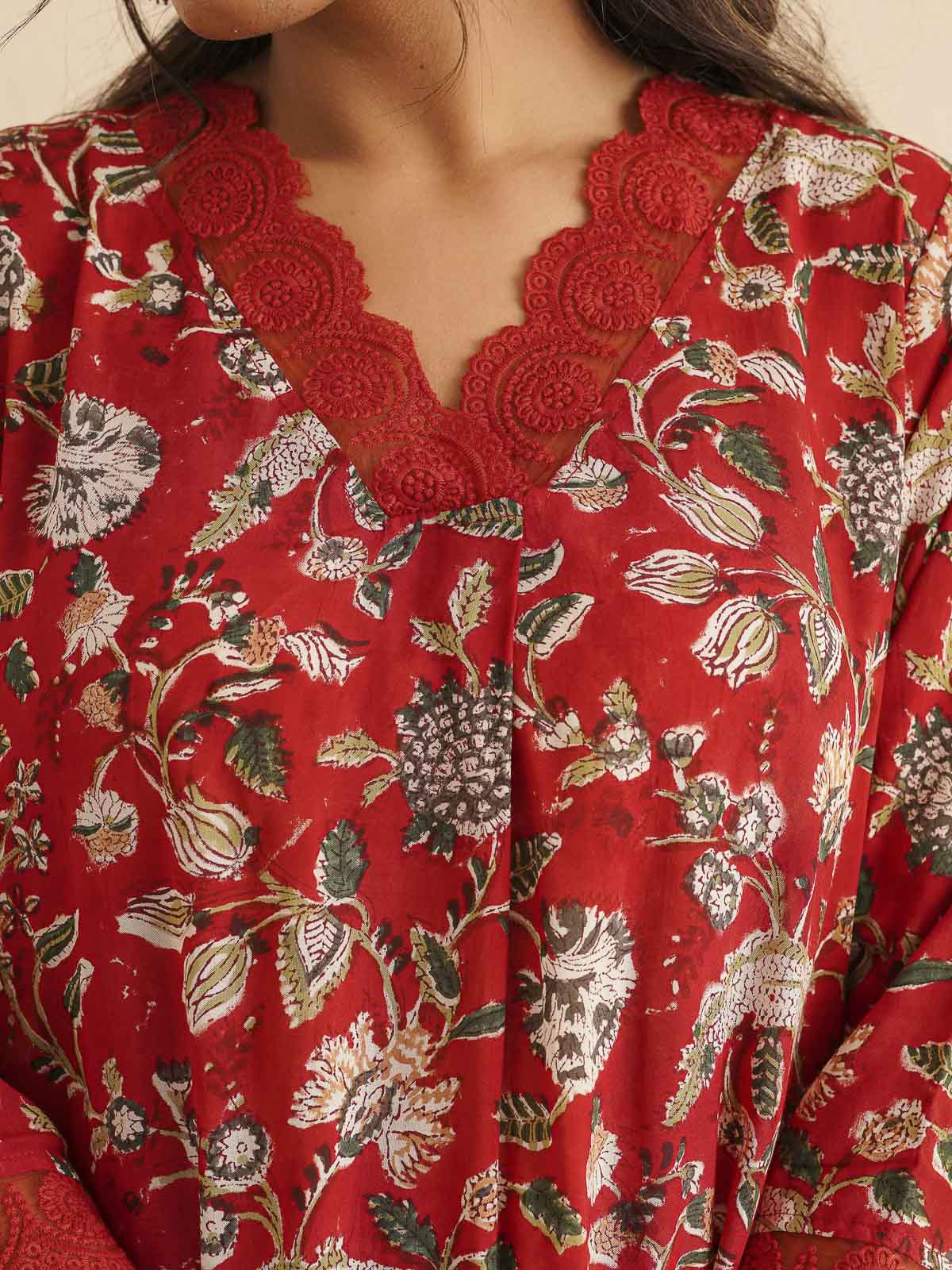 Block Printed Cotton Kurta Pant Bagiya Set Red Jaal