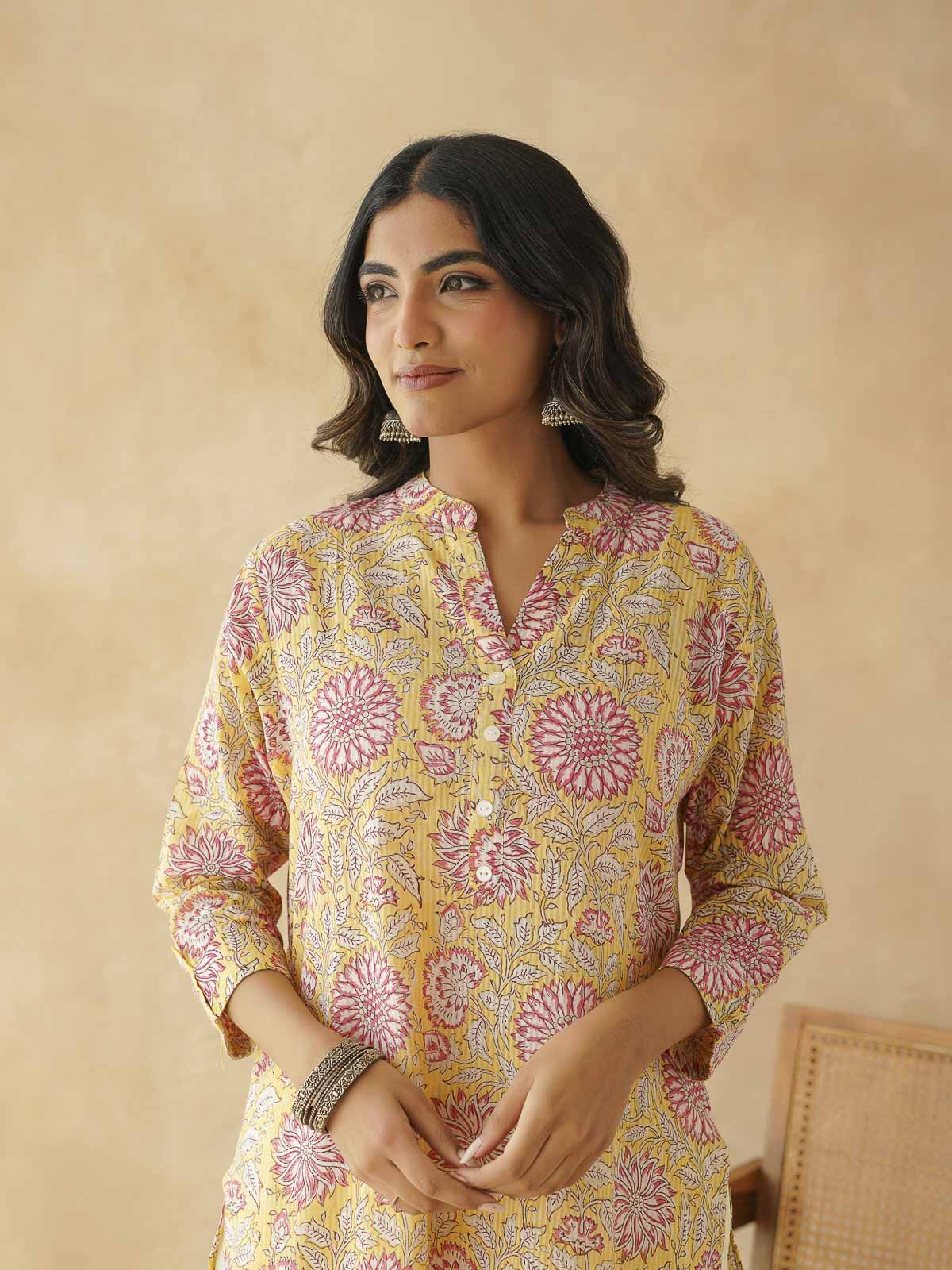 Cotton Printed Collar Neck Long Kurti For Women Yellow