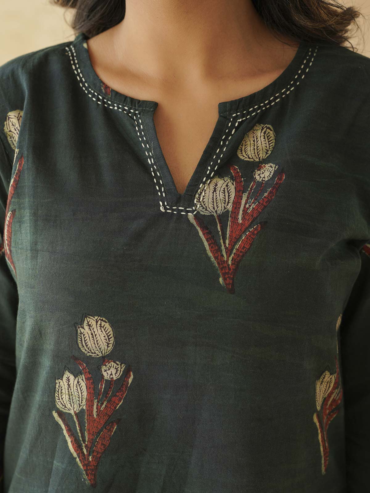 Cotton Printed Kantha Kurta Green