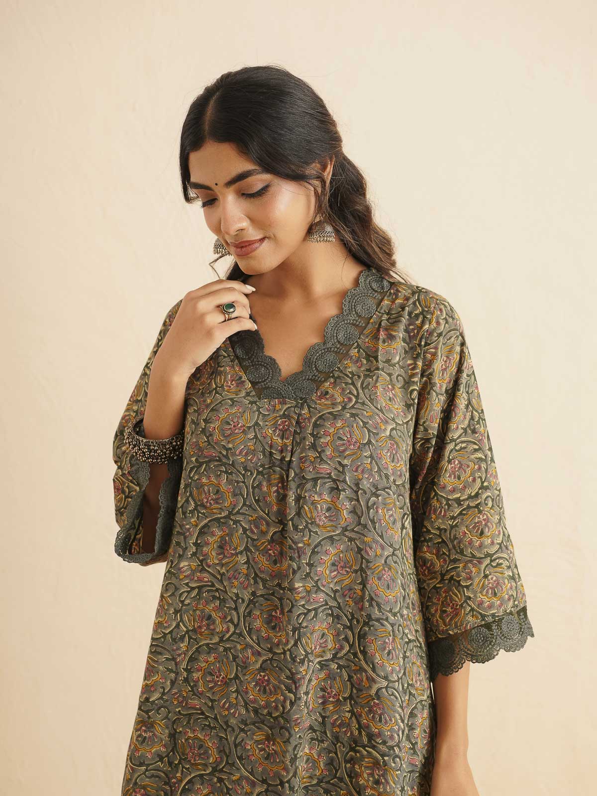 Block Printed Cotton Kurta Pant Bagiya Set Forest Green