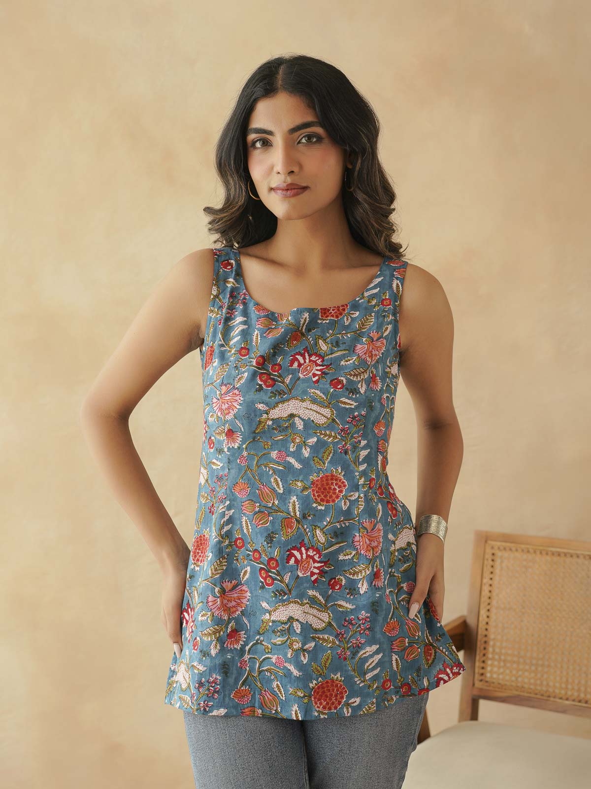 Cotton Printed Stylish Backless Tie-Up Kurti Blue Jaal