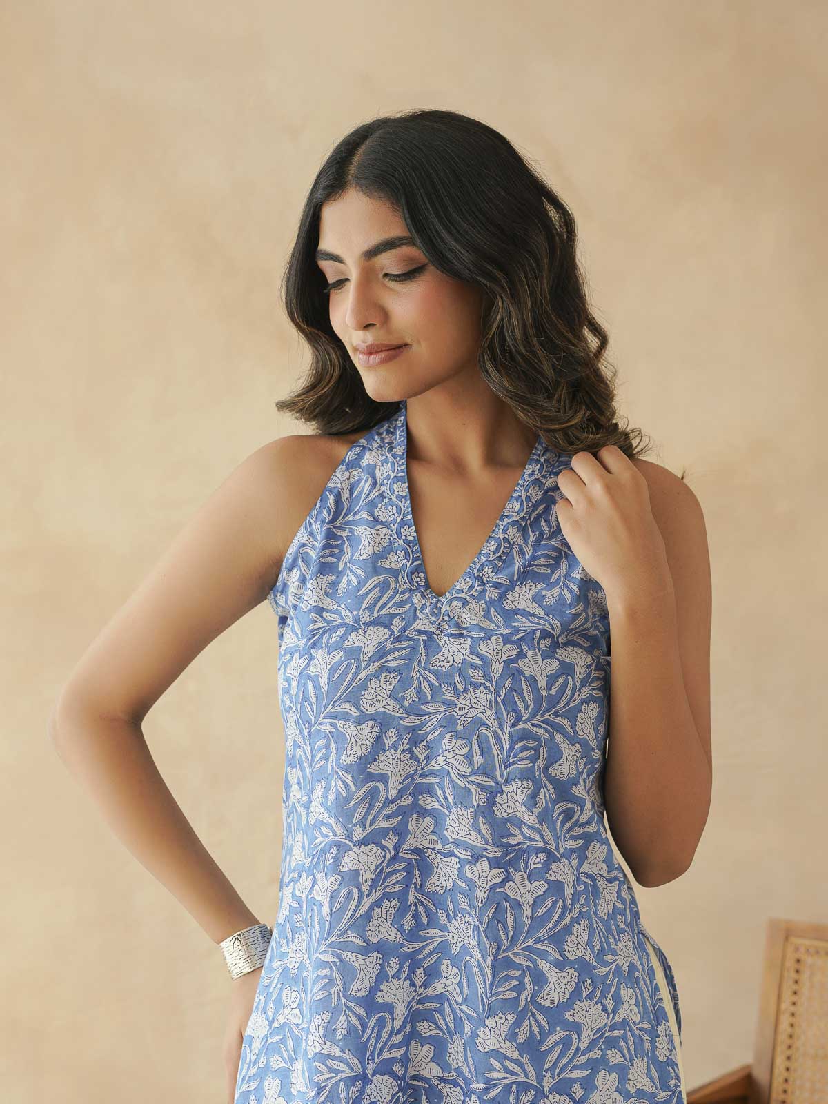 Sleeveless Cotton Halter Neck Kurti Blue