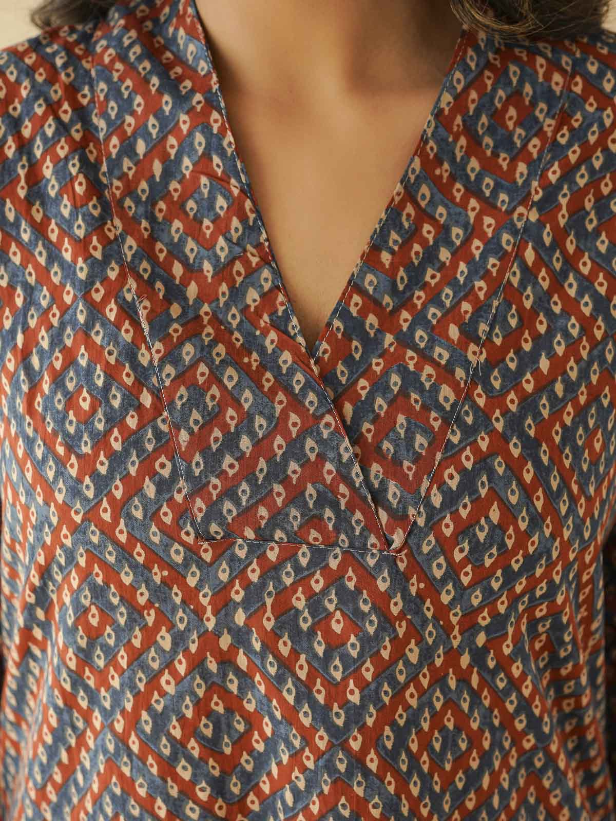 Cotton Printed Straight Kurta Blue Orange