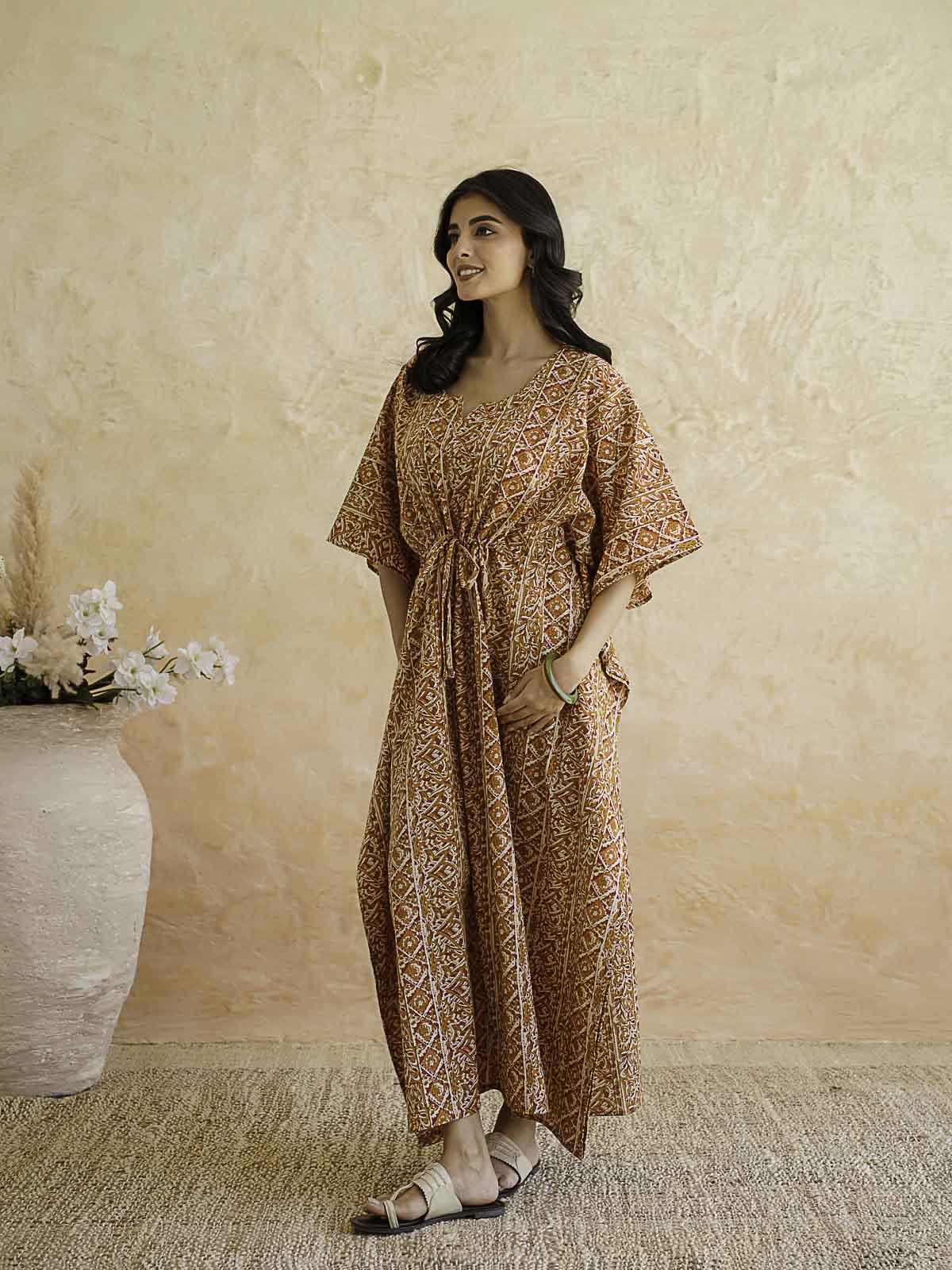 Block-Printed Cotton Long Kaftan Red Patti