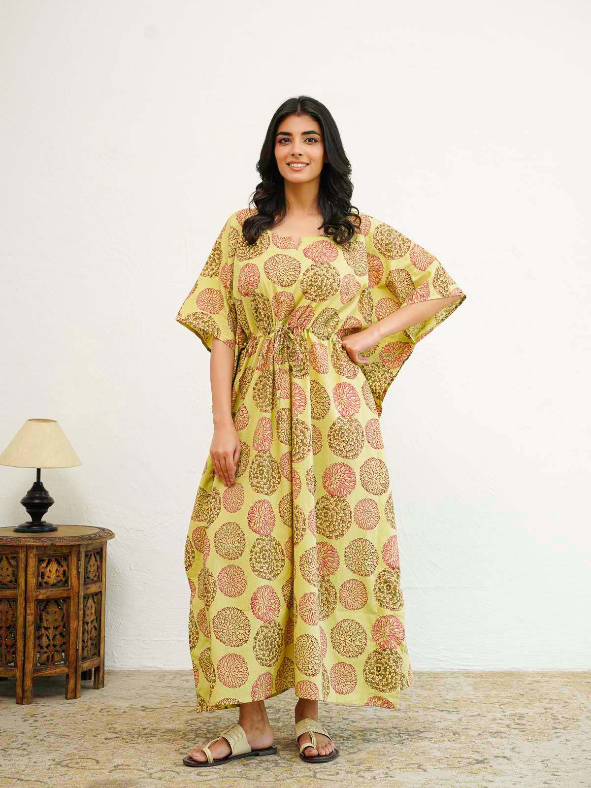 Block-Printed Cotton Long Kaftan Green Flower