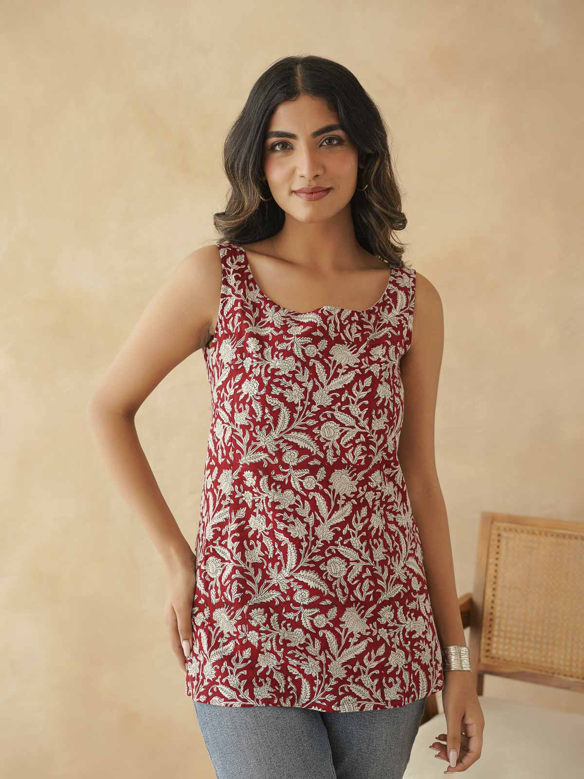 Cotton Printed Stylish Backless Tie-Up Kurti Red