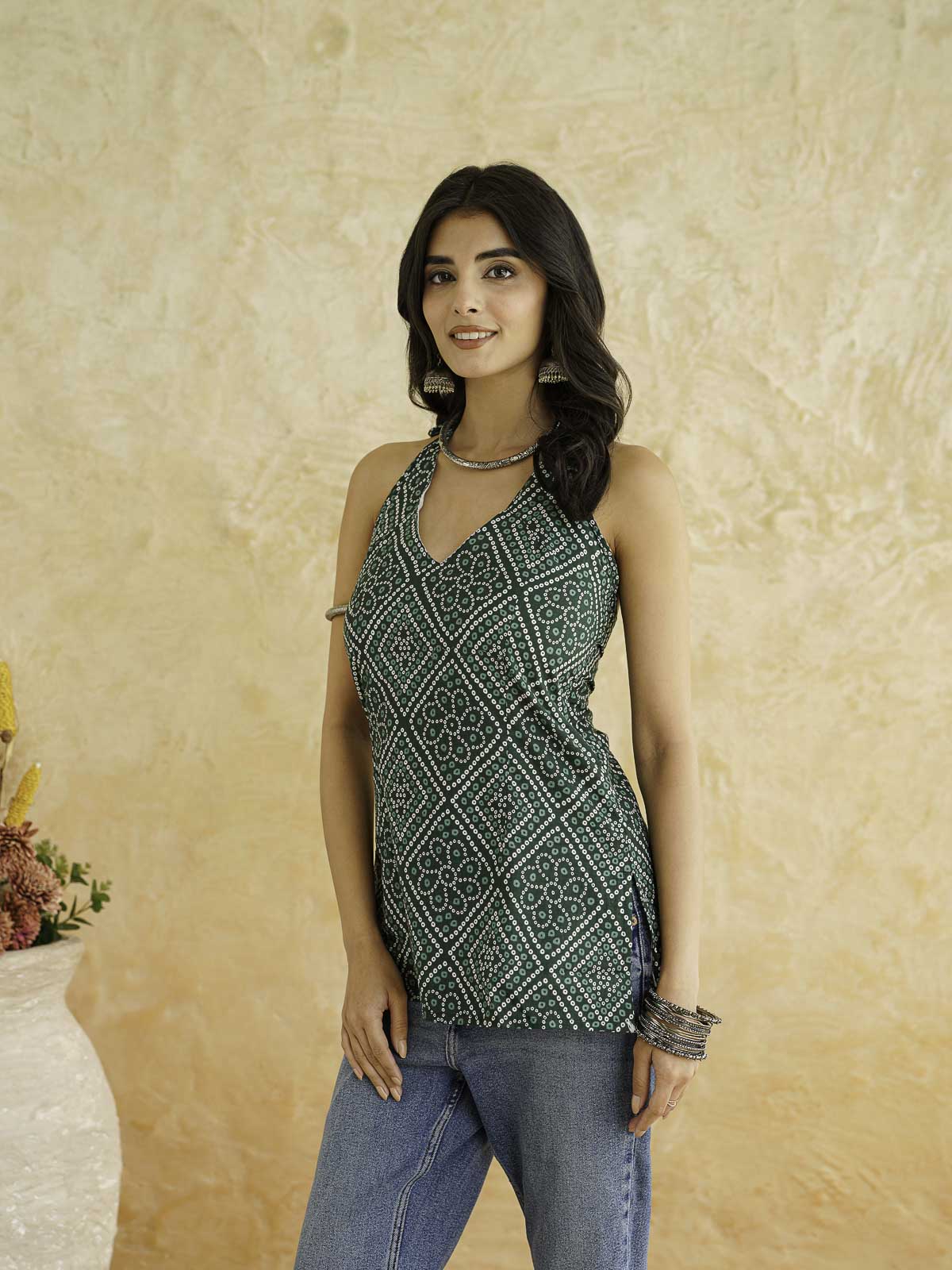 Cotton Printed Stylish Halter Tie-Up Kurti Green
