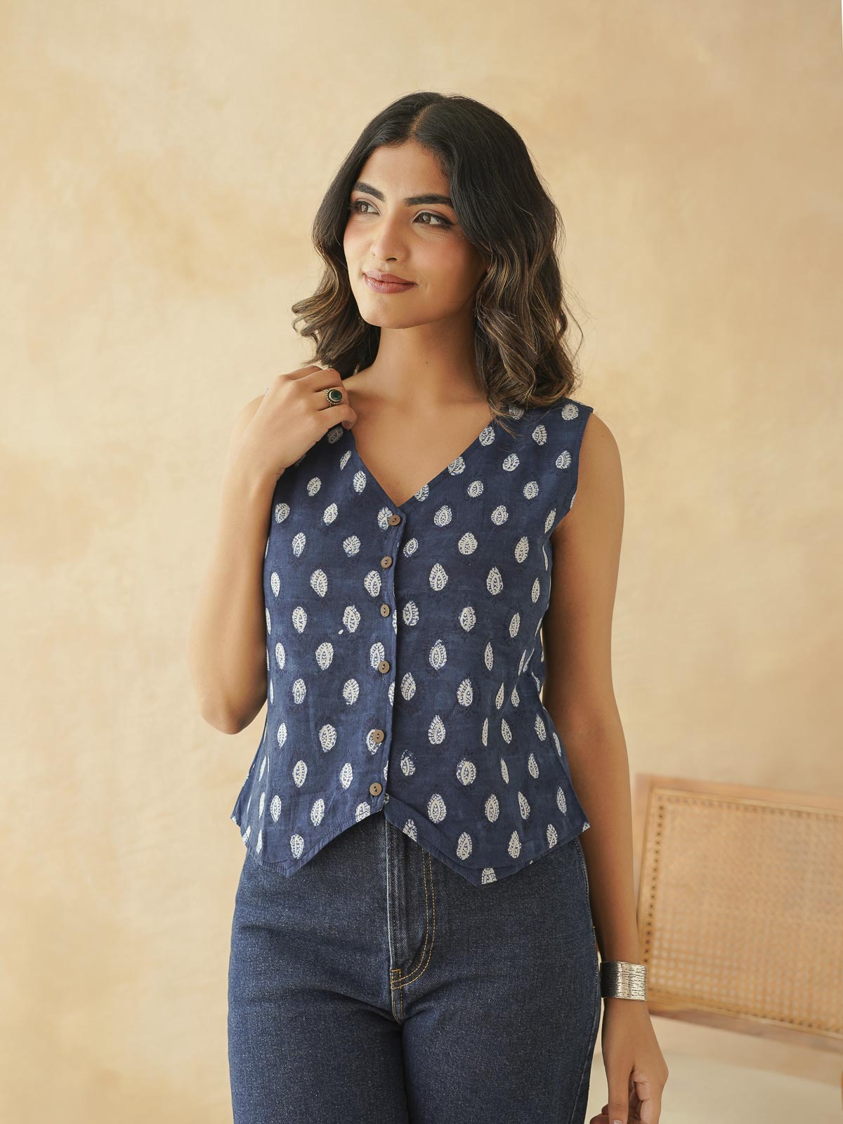 Sleeveless Cotton Block Printed Kothi Top Indigo Booty