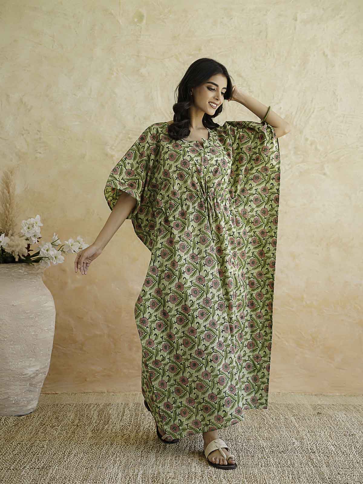 Block-Printed Cotton Long Kaftan Green Jaal