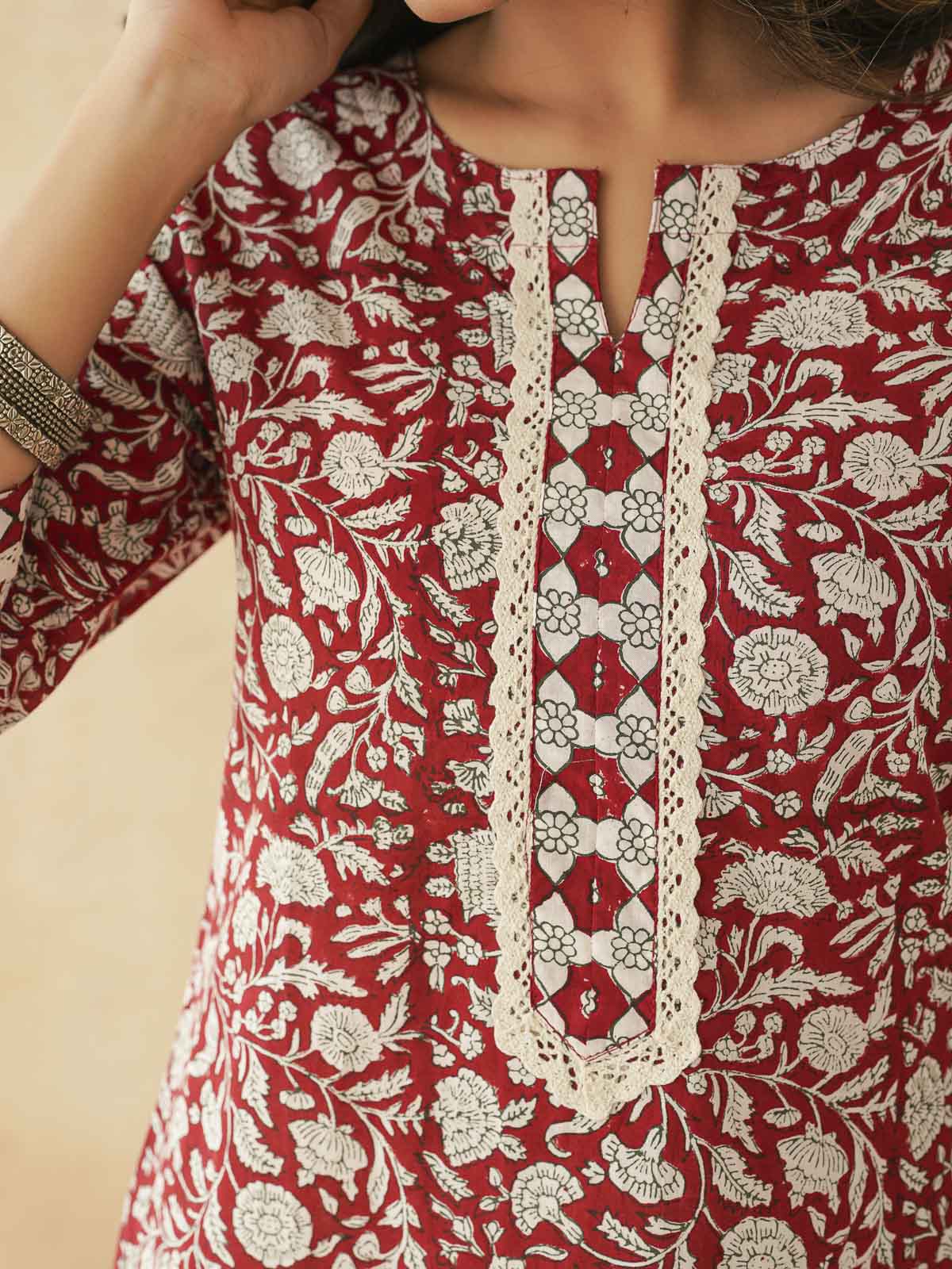 Block-Printed Cotton Zoya Kurti Red Jaal