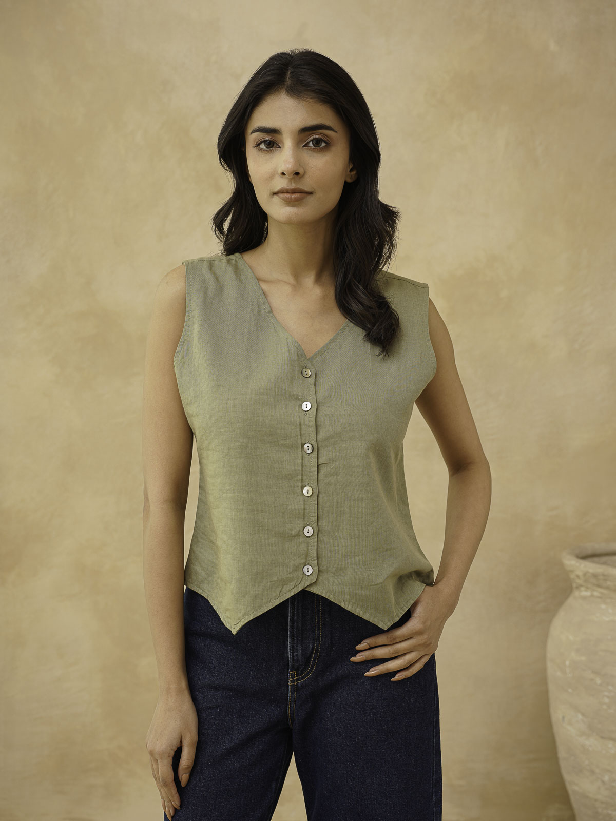 Classic Linen Vest For Women Green