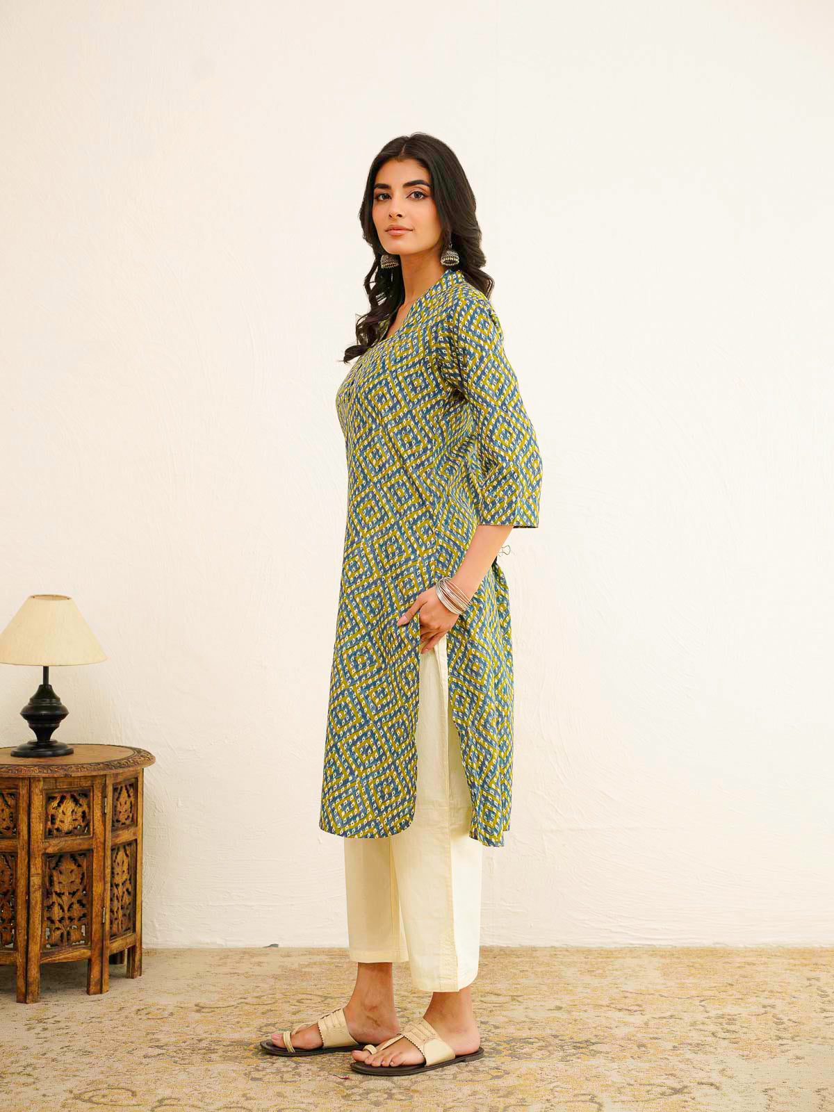 Cotton Printed Straight Kurta Green Bndhej
