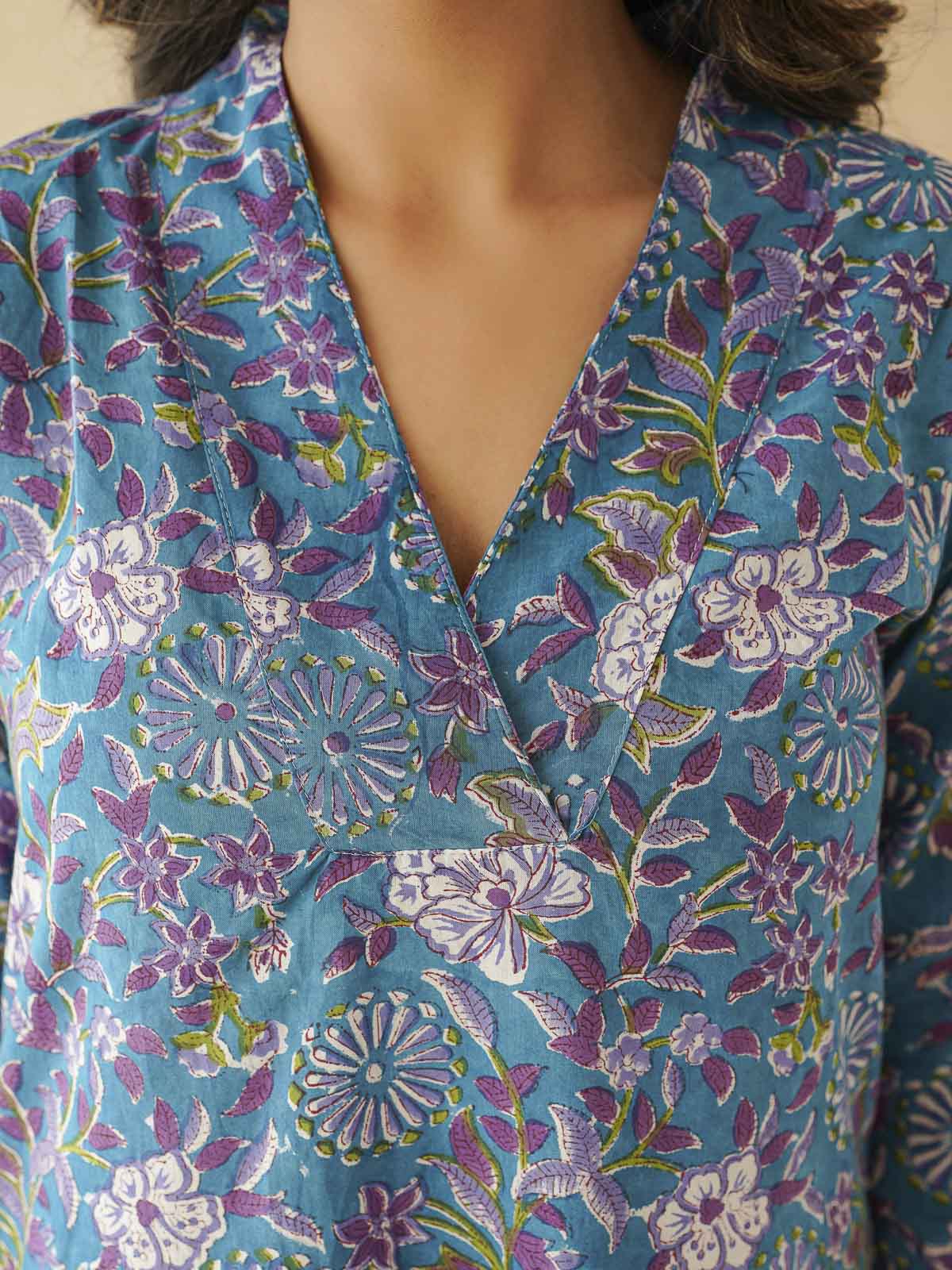 Cotton Printed Straight Kurta Blue Velvet