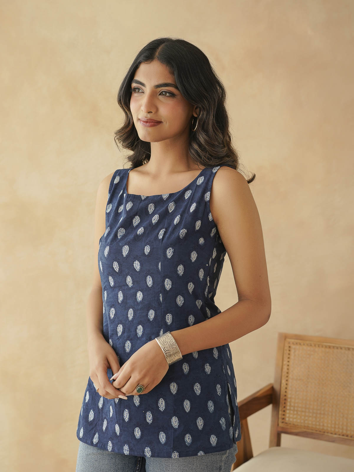 Cotton Printed Stylish Backless Tie-up Kurti Indigo