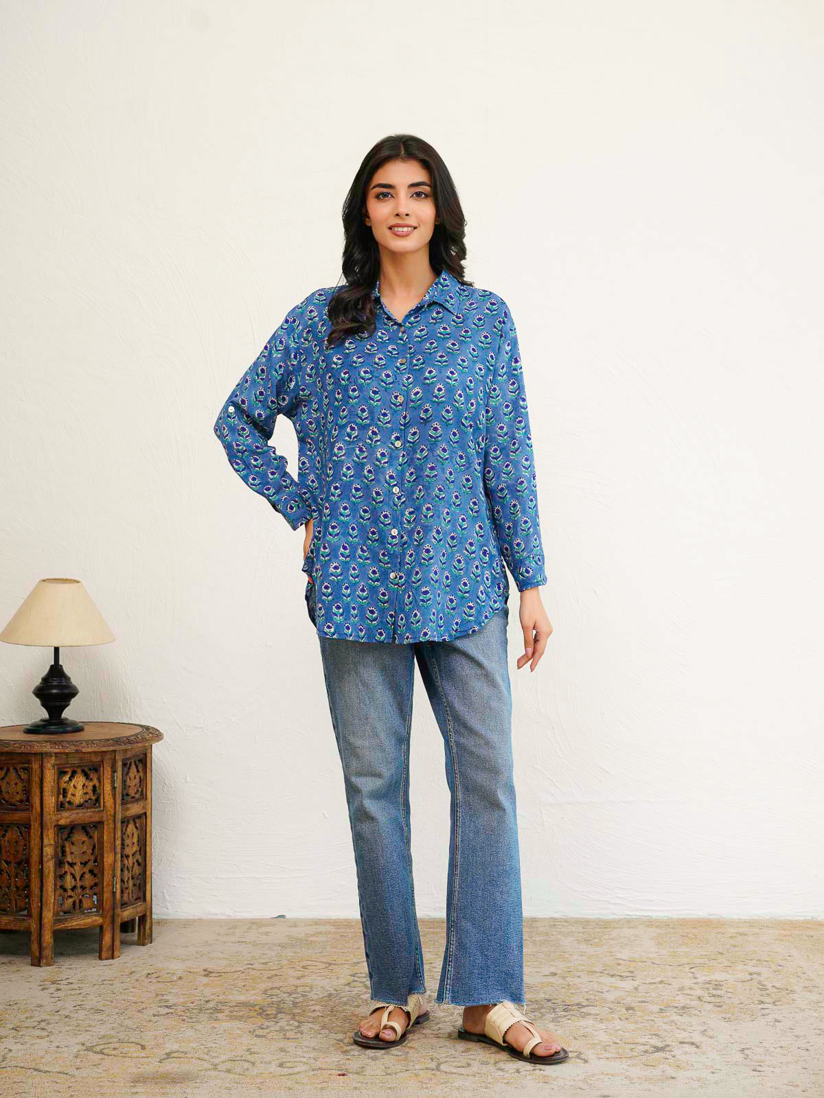 Block Printed Cotton Meher Shirt Blue Booty