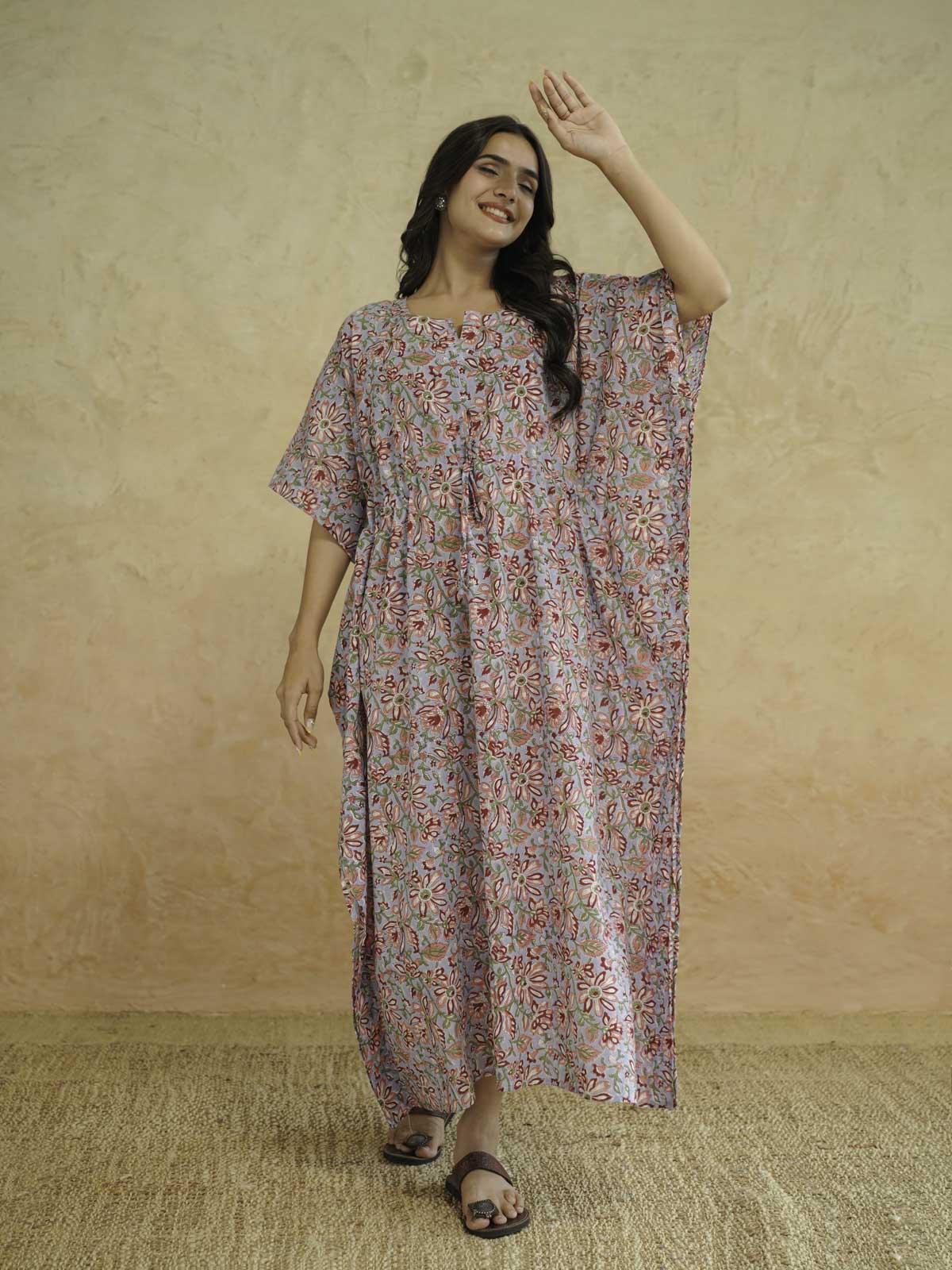 Block-Printed Cotton Long Kaftan Blue Jaal