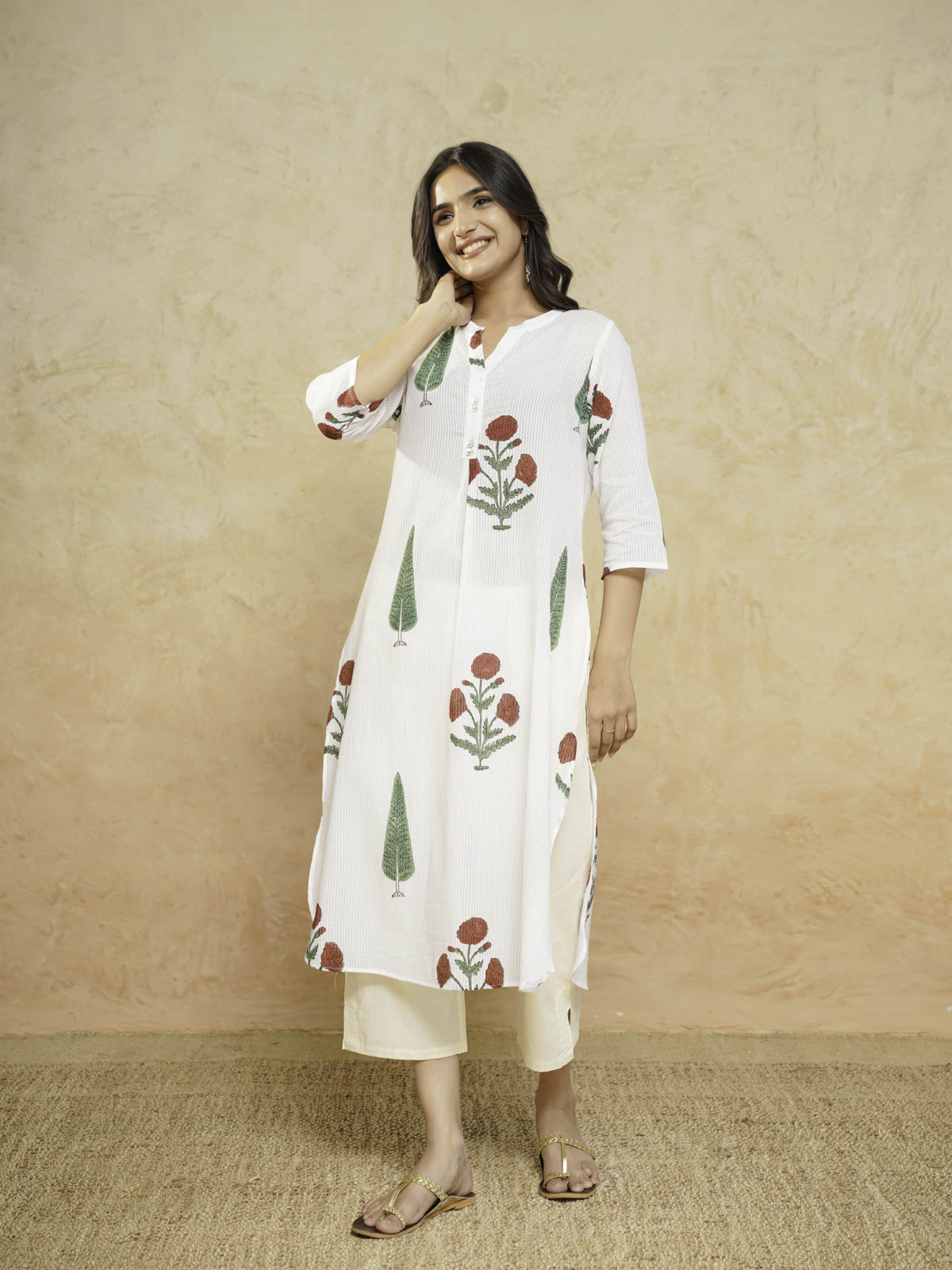 Cotton Pleat Kurta For Women White Patti