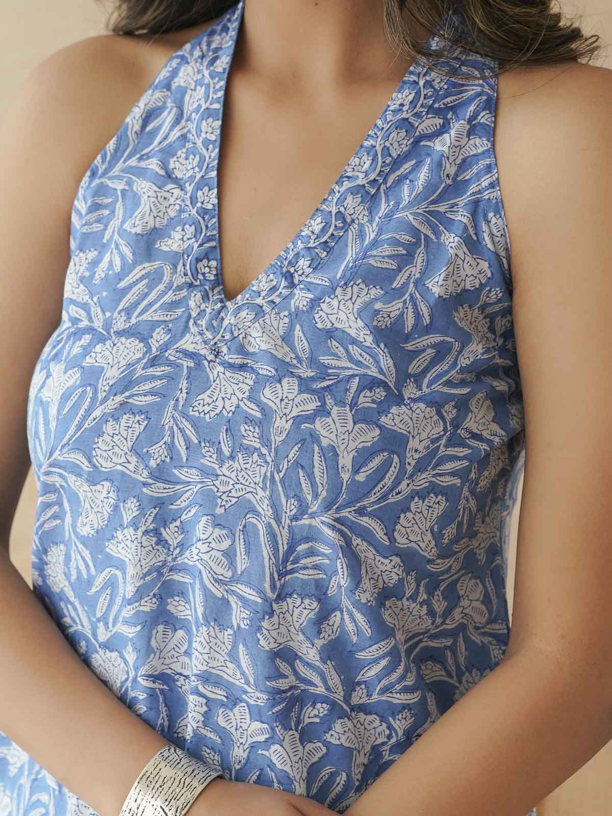Sleeveless Cotton Halter Neck Kurti Blue