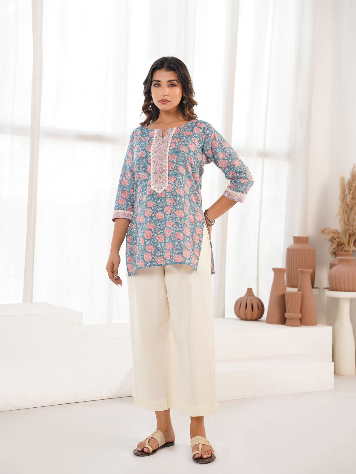 Block-Printed Cotton Zoya Kurti Grey Booty