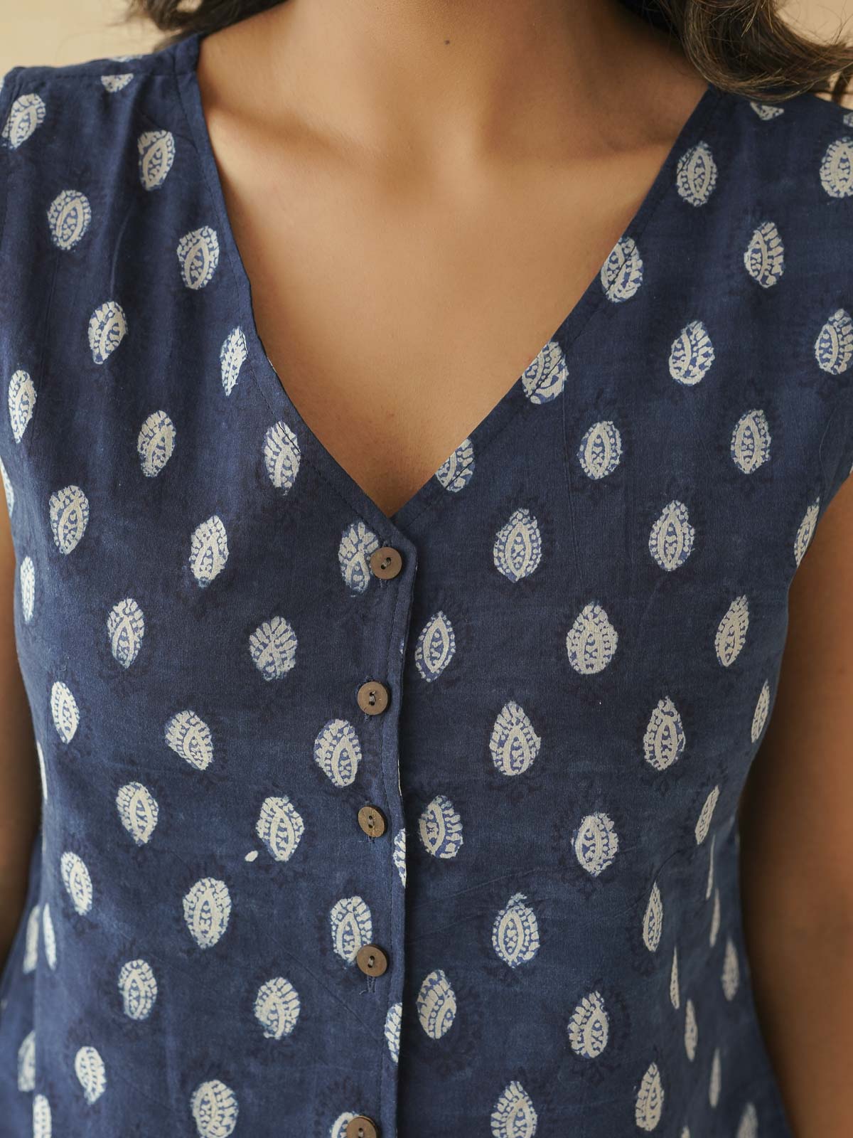 Sleeveless Cotton Block Printed Kothi Top Indigo Booty