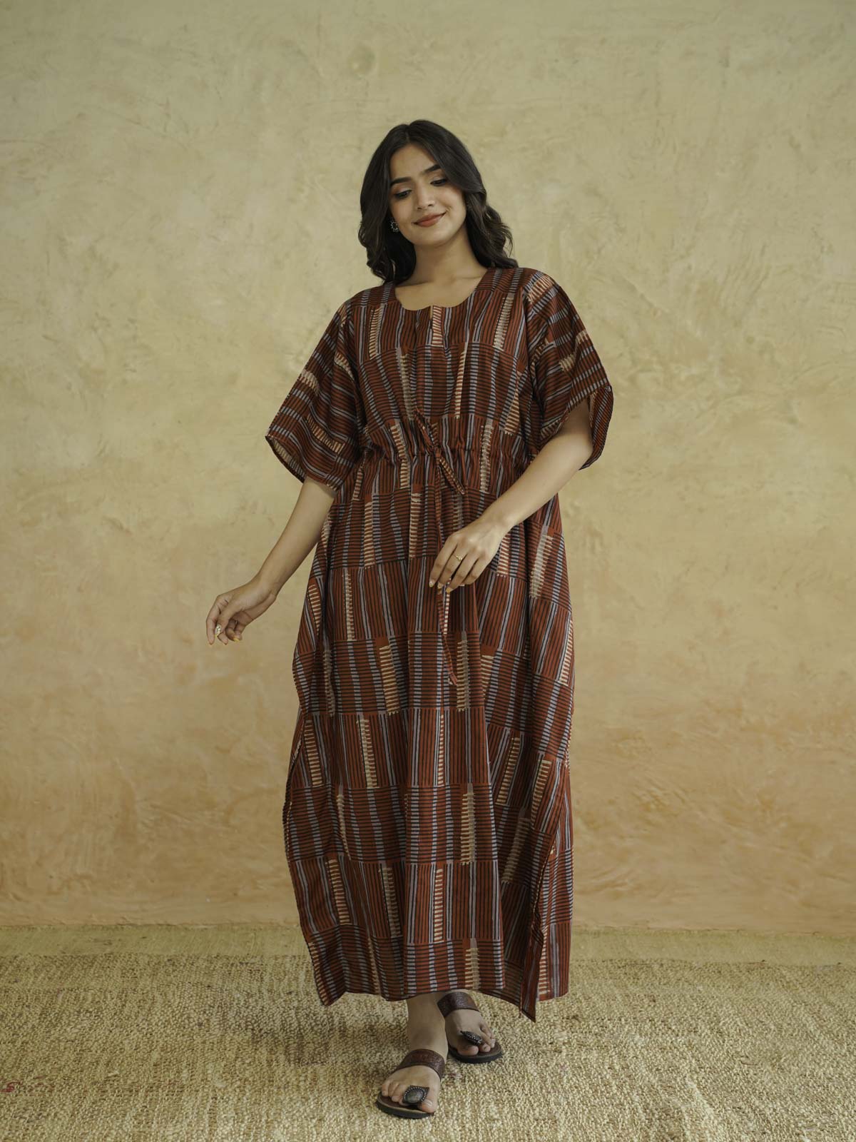 Block-Printed Cotton Long Kaftan Red Starp