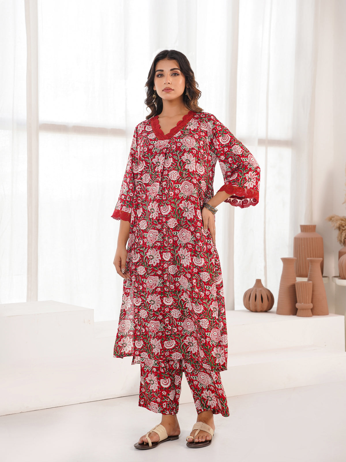 Block Printed Cotton Kurta Pant Bagiya Set Red Flower