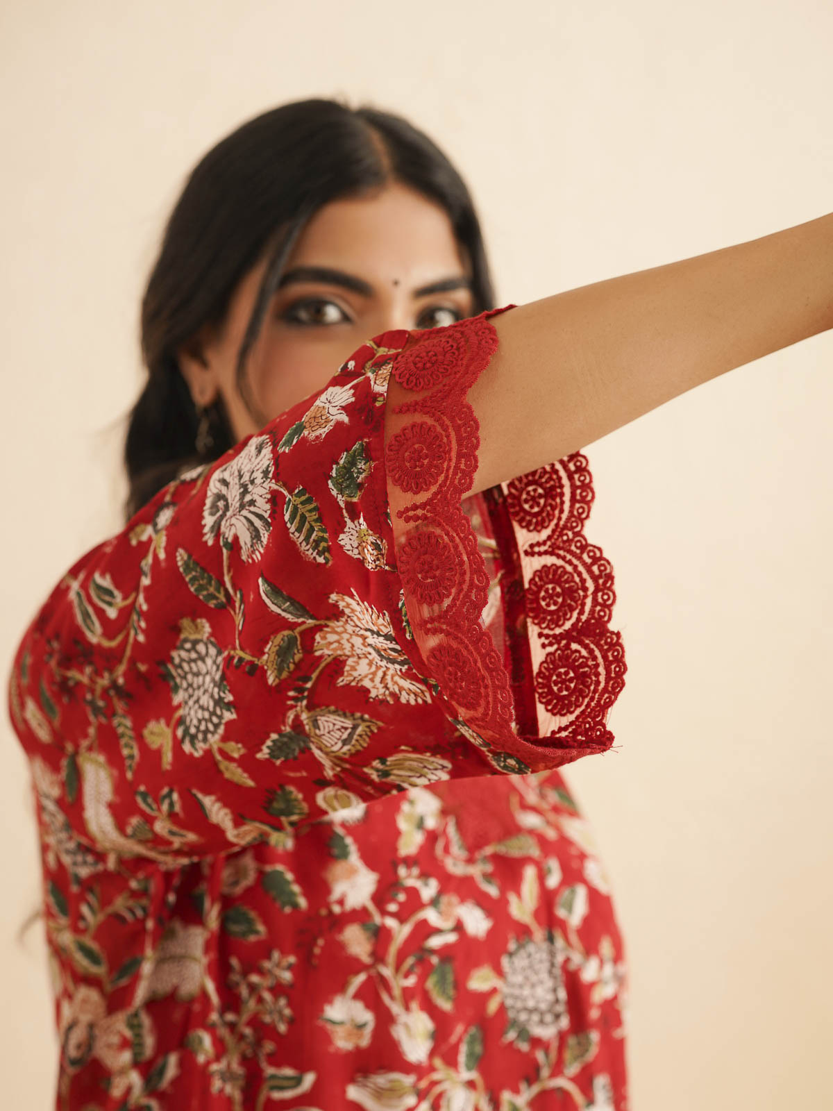 Block Printed Cotton Kurta Pant Bagiya Set Red Jaal