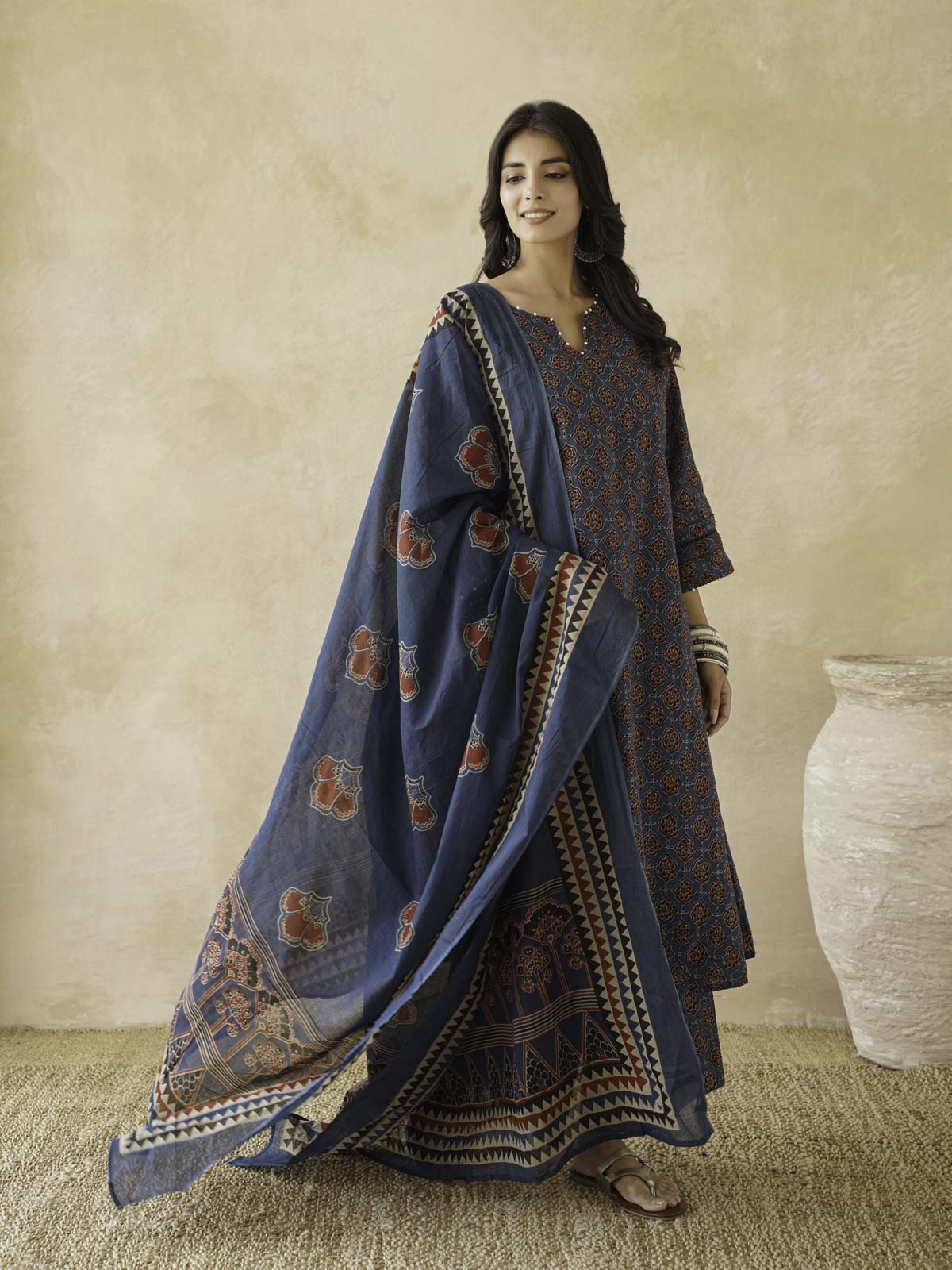 Cotton Printed Aline Kurta Set For Women Blue
