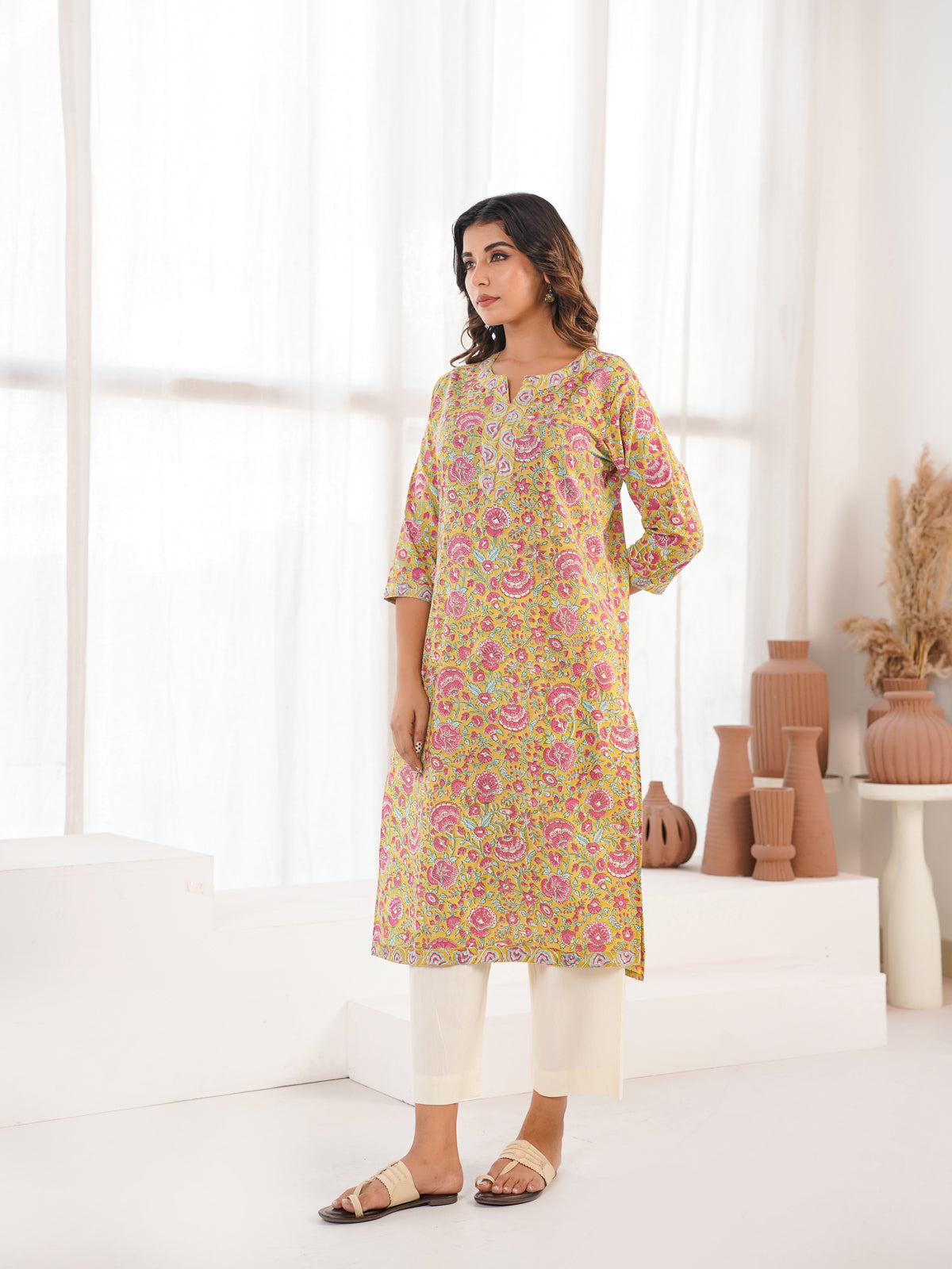 Cotton Block Printed Long Kurta Parrot Green