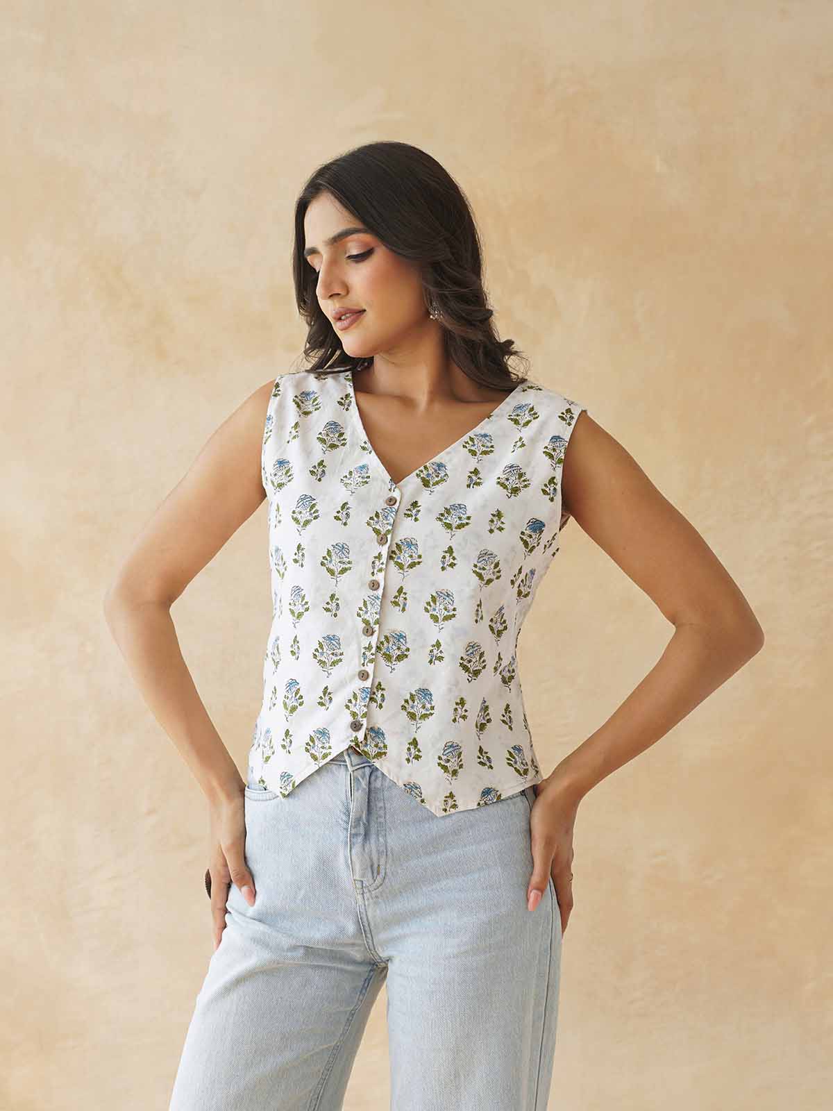 Sleeveless Cotton Block Printed Kothi Top White Booty