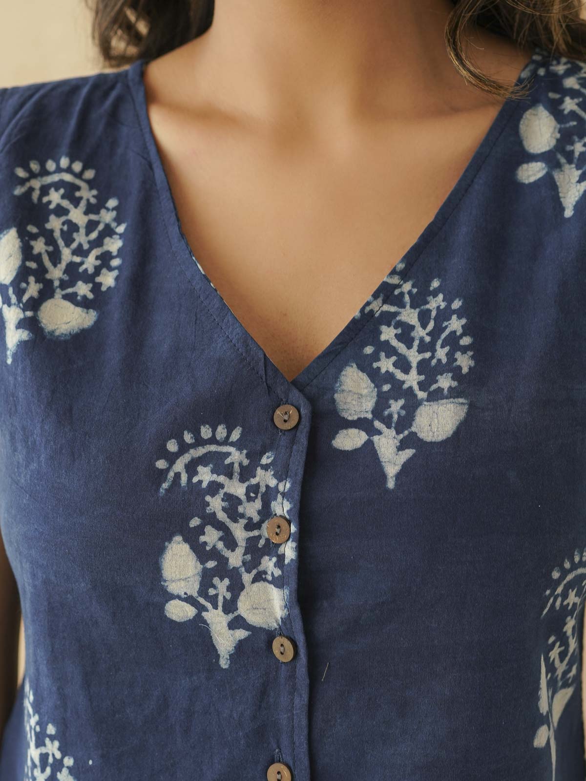 Sleeveless Cotton Block Printed Kothi Top Indigo Boota