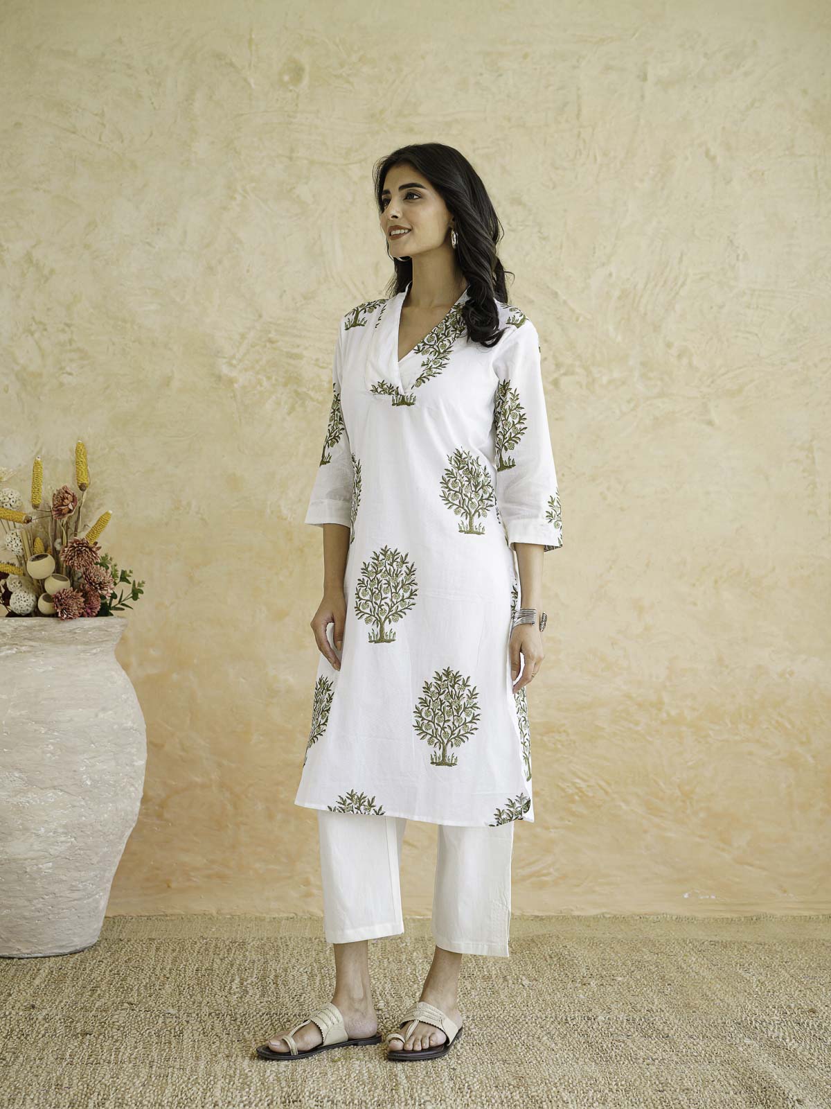 Cotton Printed Straight Kurta White