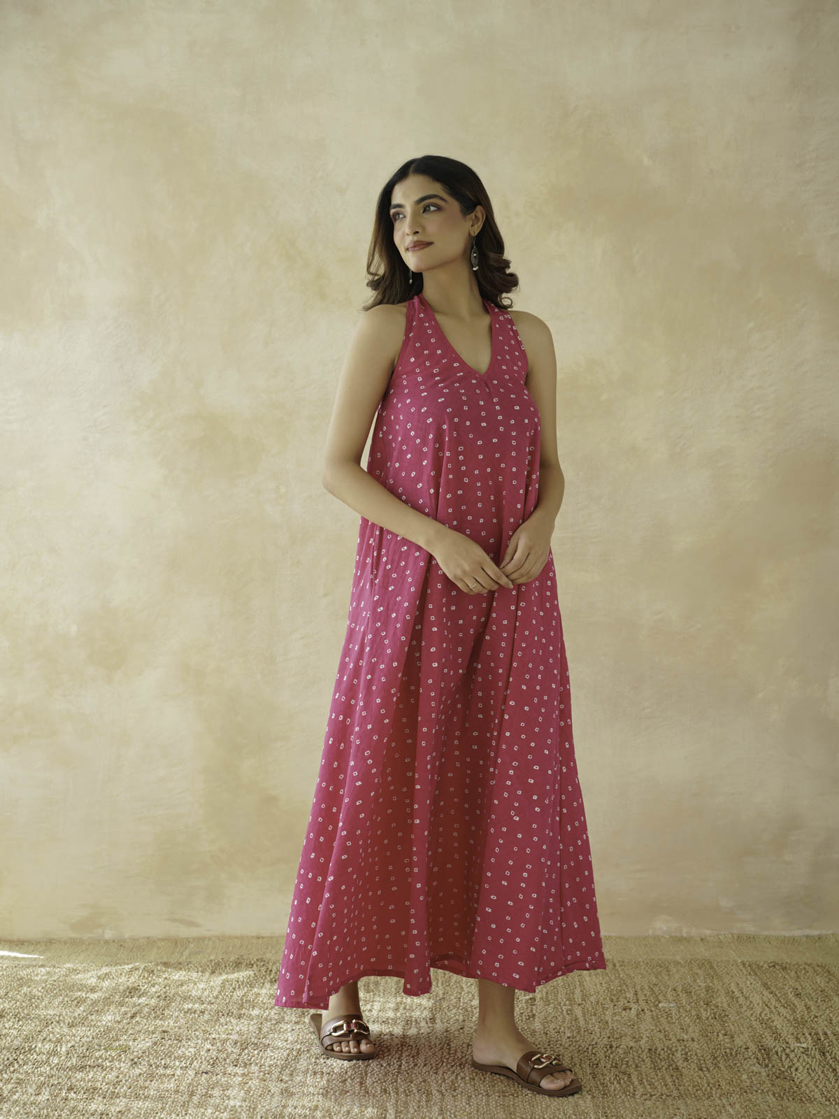 Cotton Printed Aline Moana Dress Pink Bandhej