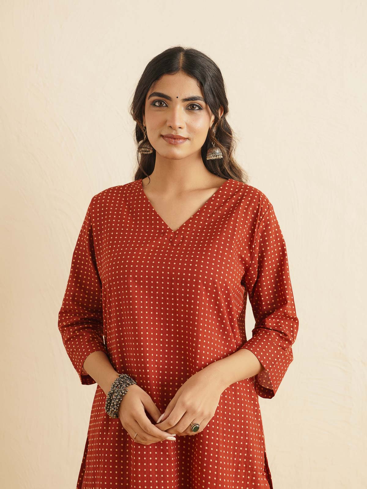 Cotton Printed V-Neck Style Set For Women Red